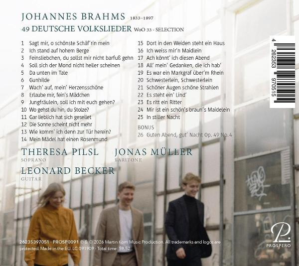 Cover von Johannes Brahms' Liedzyklus mit Titelliste, Sängernamen und drei Personen.