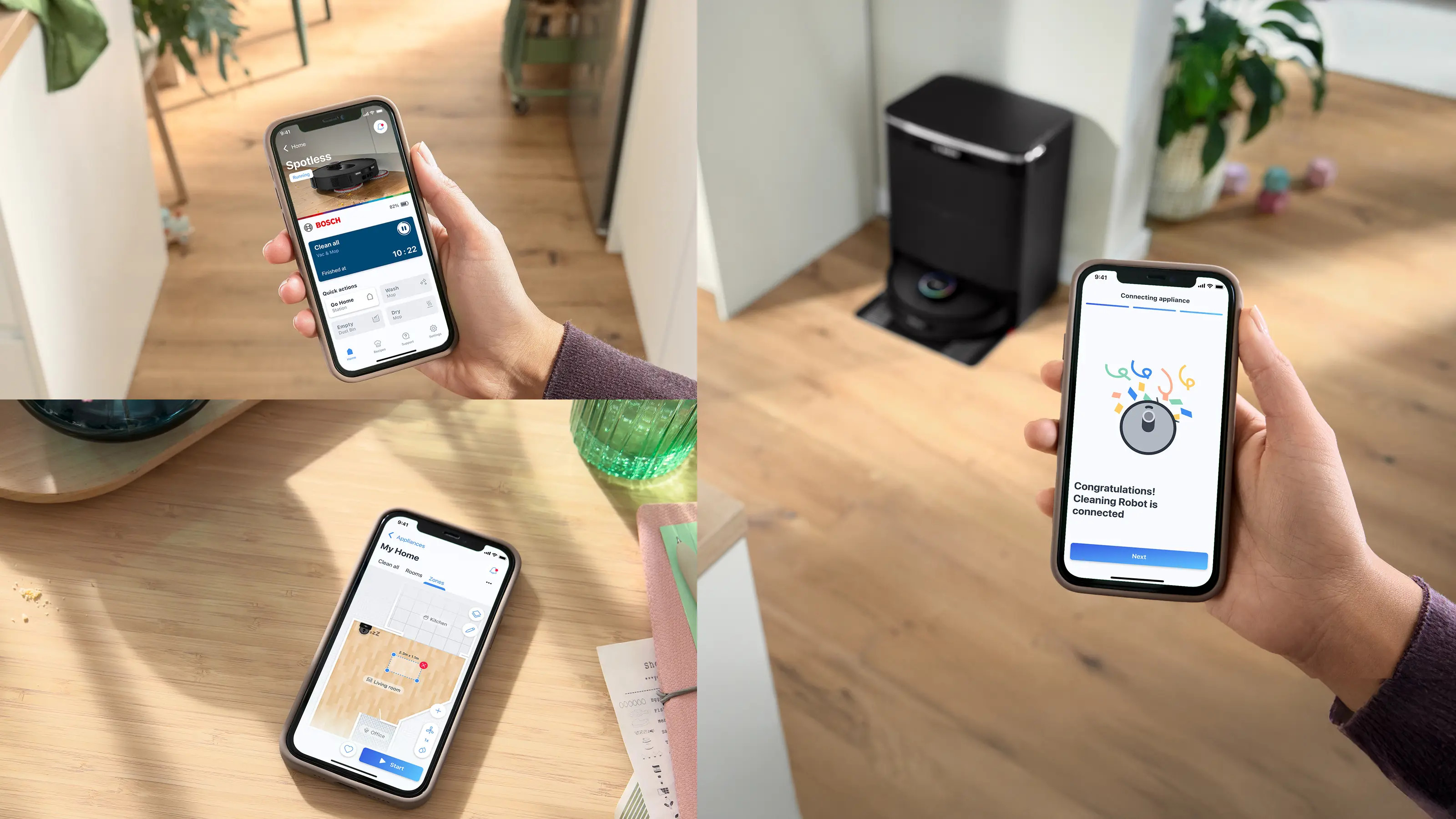 Dłoń trzyma smartfon z aplikacją robota odkurzającego. Inny robot odkurzający jest zadokowany.