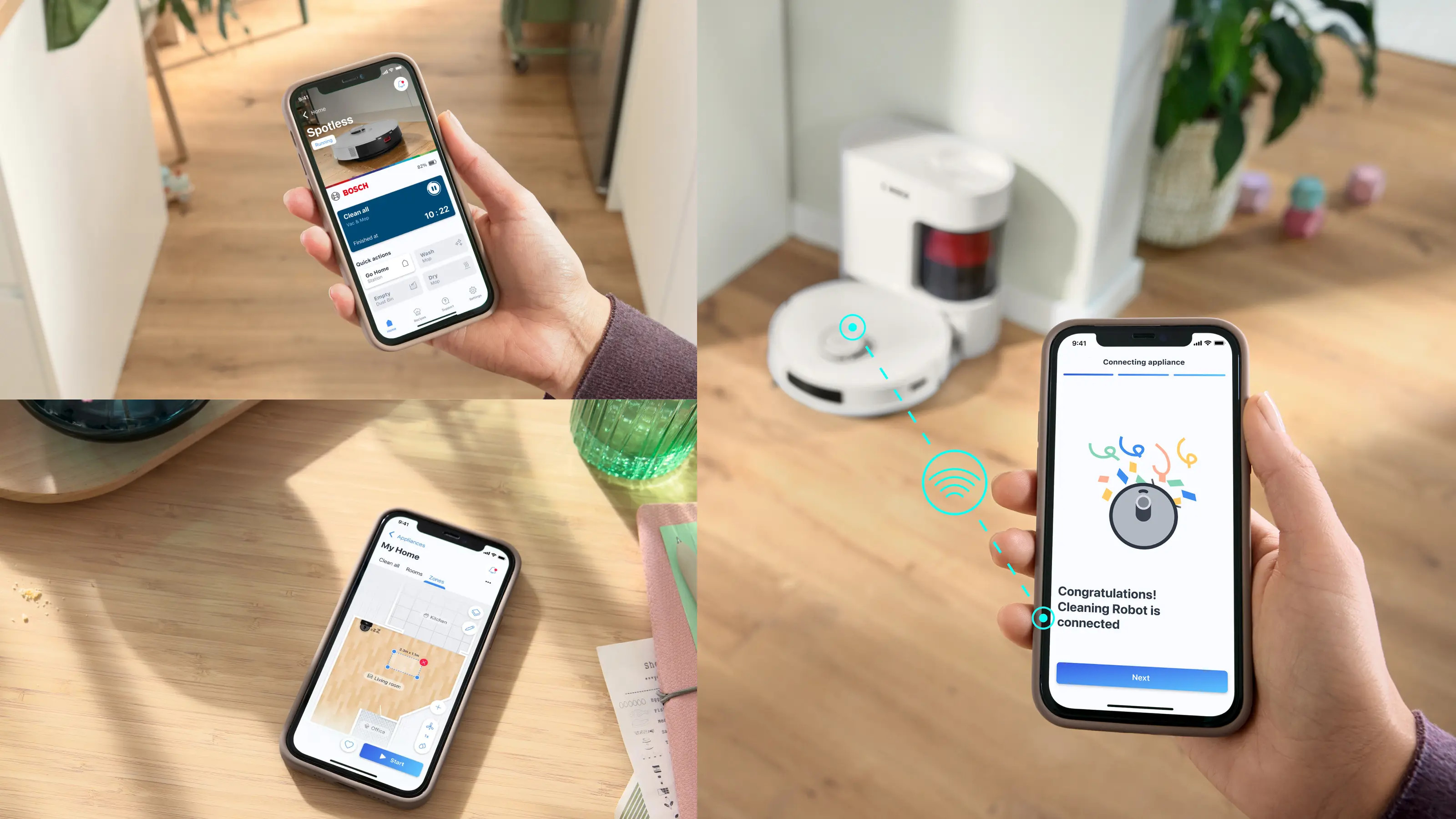 Dłoń trzyma smartfon z aplikacją robota sprzątającego. Robot sprzątający czyści drewnianą podłogę.