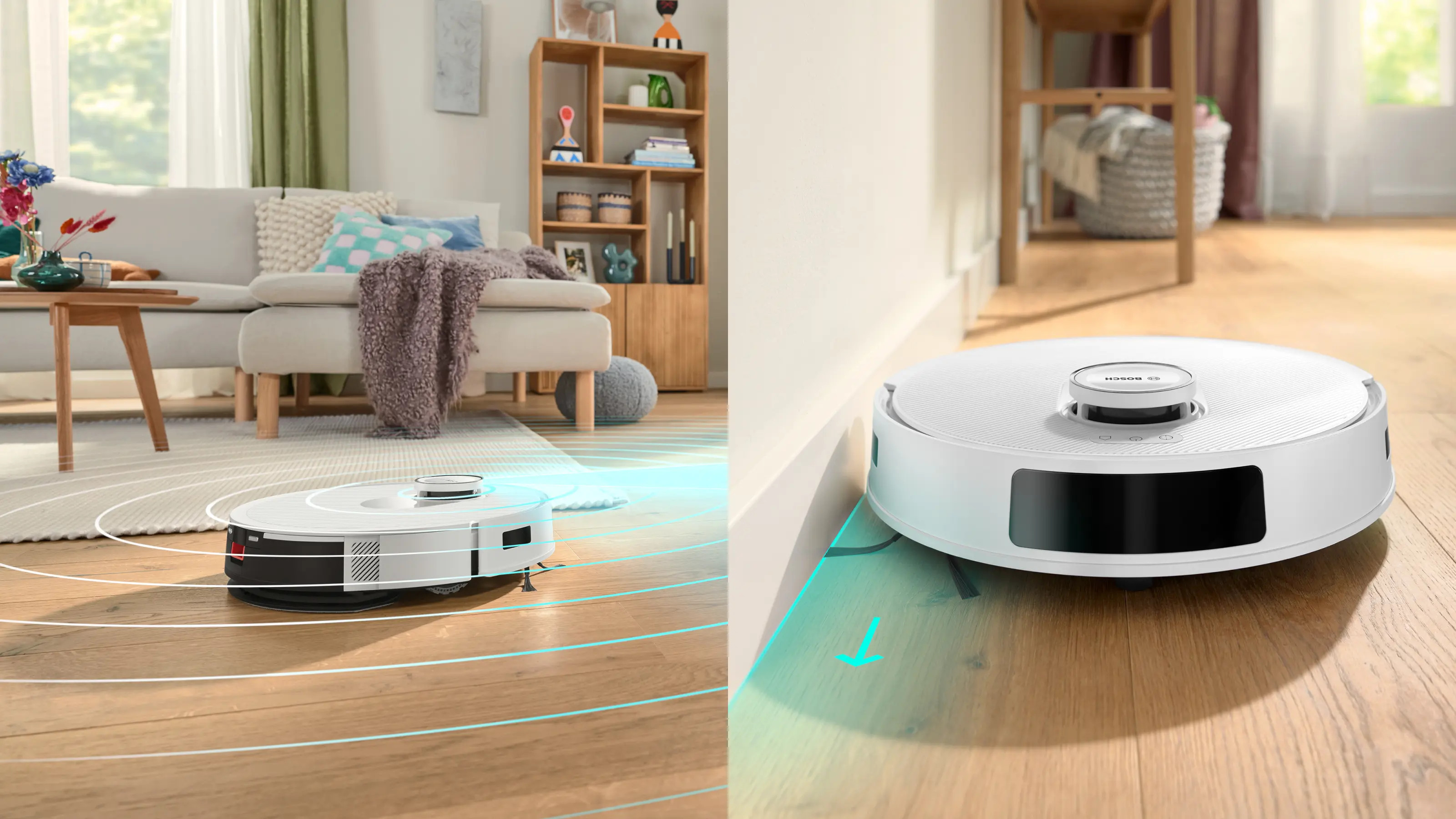 Biały robot sprzątający czyści drewnianą podłogę blisko ściany i sofy.