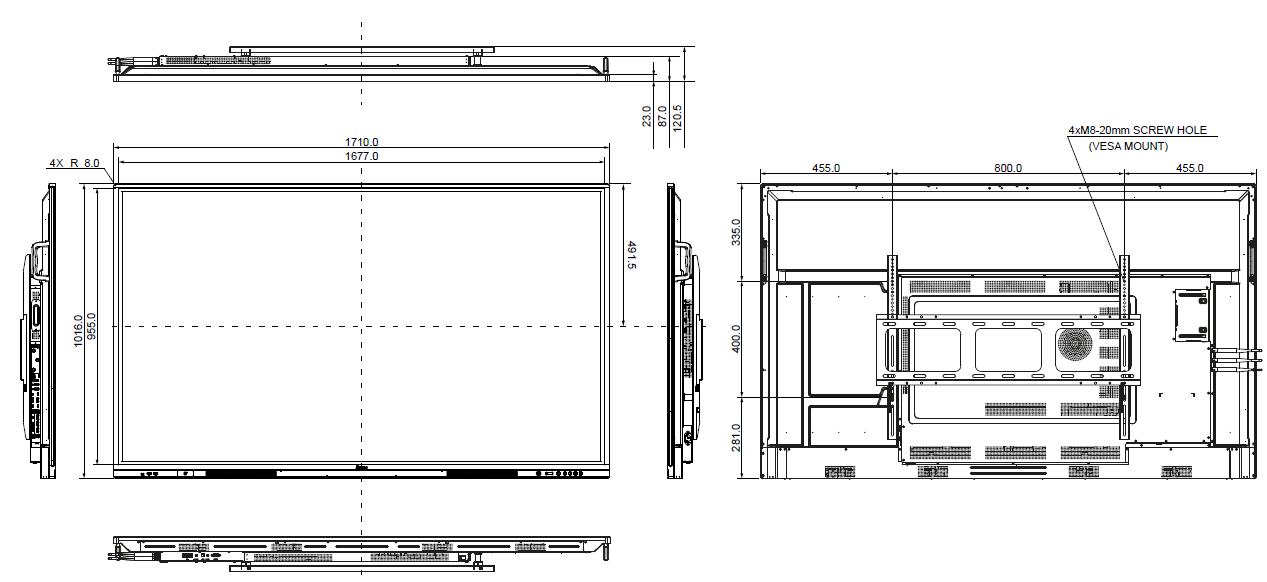 Technische Zeichnungen eines großen Displays mit Maßen und VESA-Halterungsdetails.