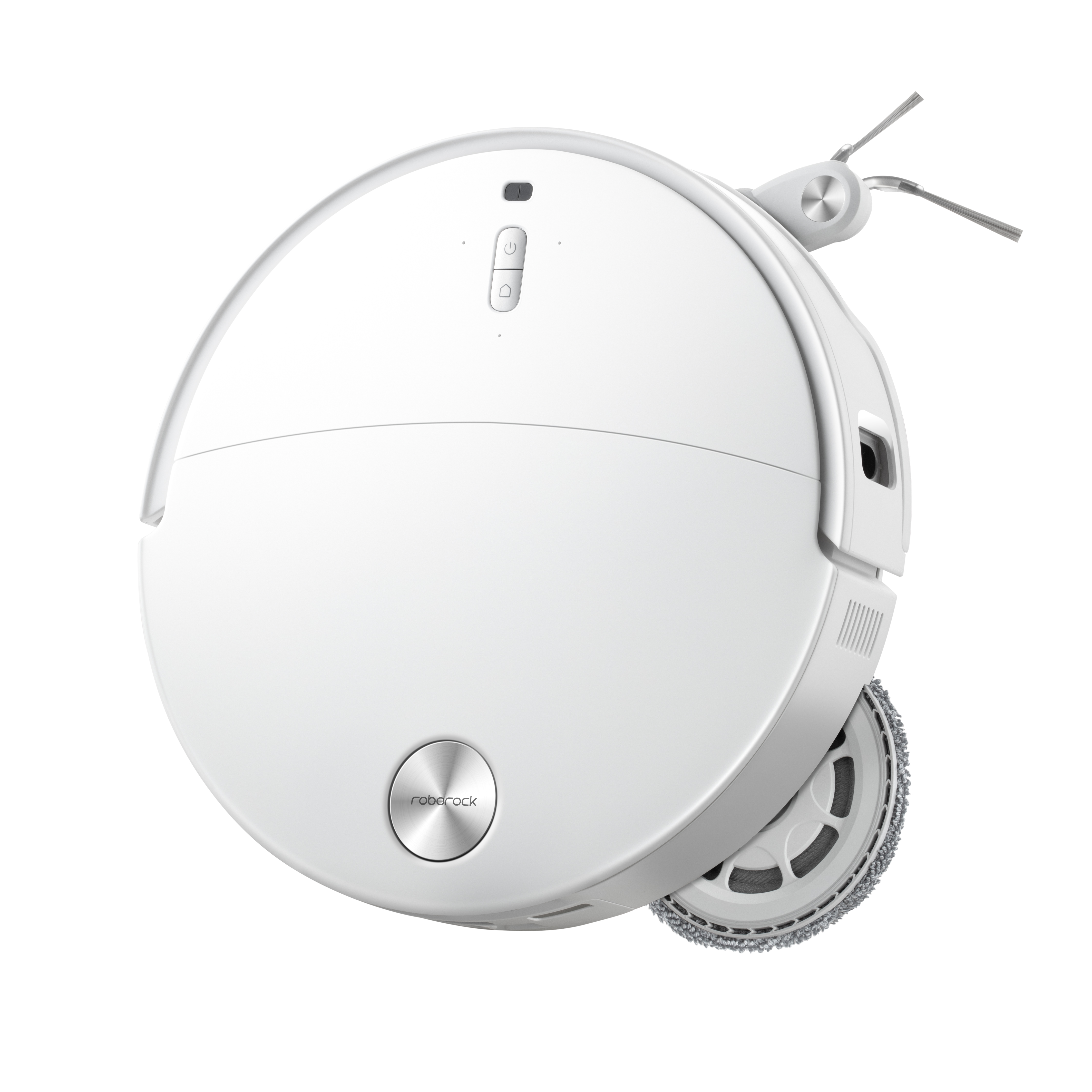 Fırçalı ve tekerlekli beyaz bir robot süpürge.
