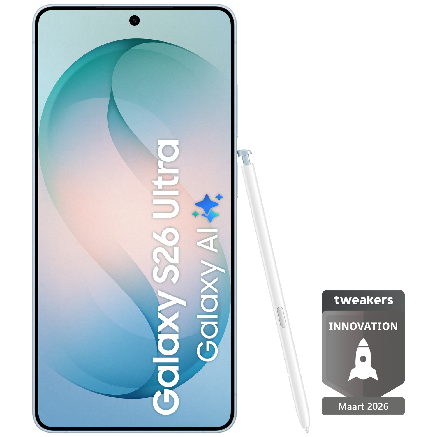 Een witte pen naast een smartphone met de tekst 'Galaxy S26 Ultra'.