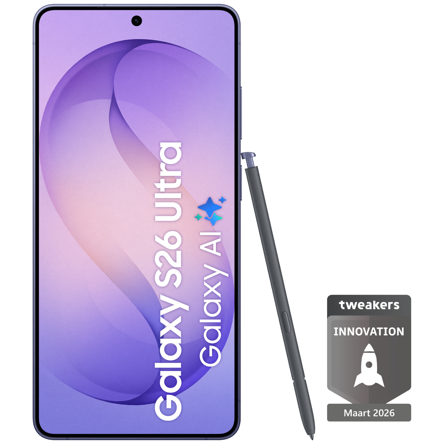 Samsung Galaxy S26 Ultra met stylus en Tweakers Innovatie logo.