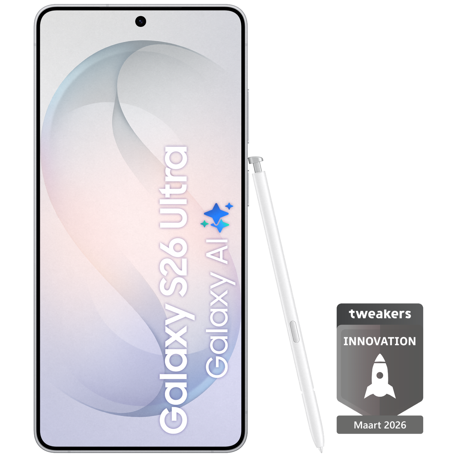 Een witte smartphone met stylus en een innovatiebadge. Galaxy S26 Ultra.