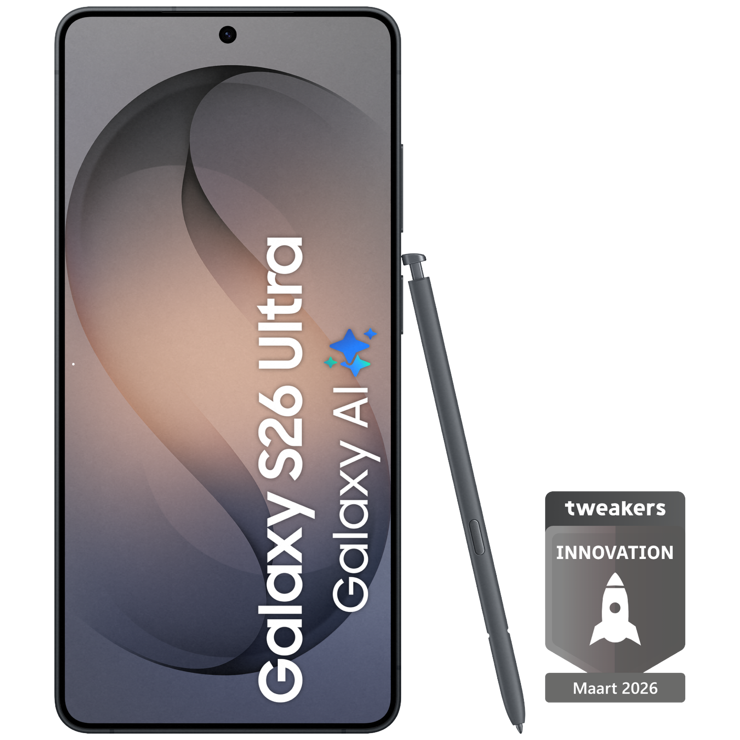 Een smartphone met stylus en innovatiezegel.