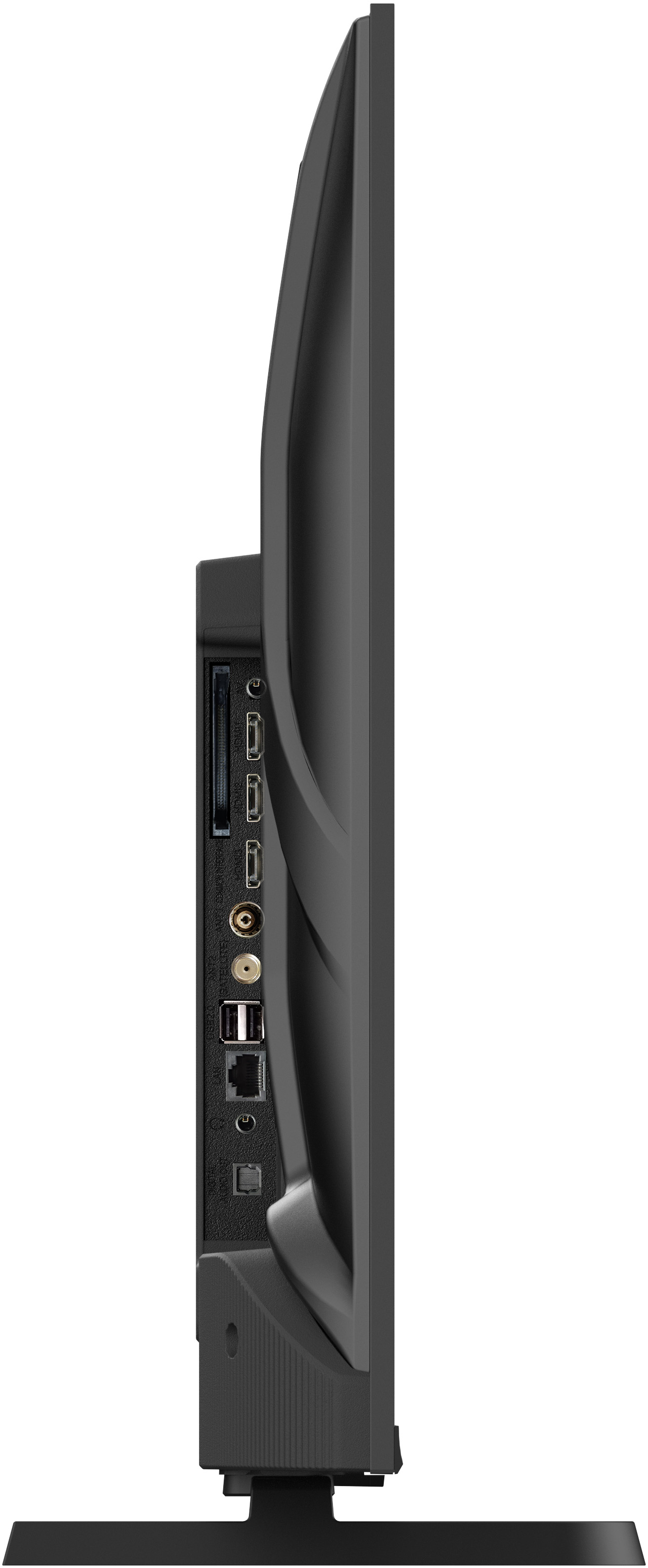 Seitliche Ansicht eines schwarzen Fernsehers mit Anschlüssen: HDMI, USB, Koaxial, Ethernet.