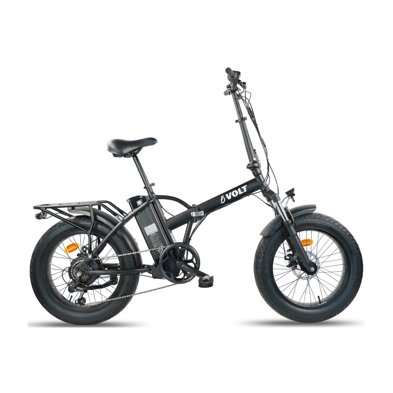 Bicicletta elettrica pieghevole nera con pneumatici grassi, portapacchi posteriore e logo Volt.