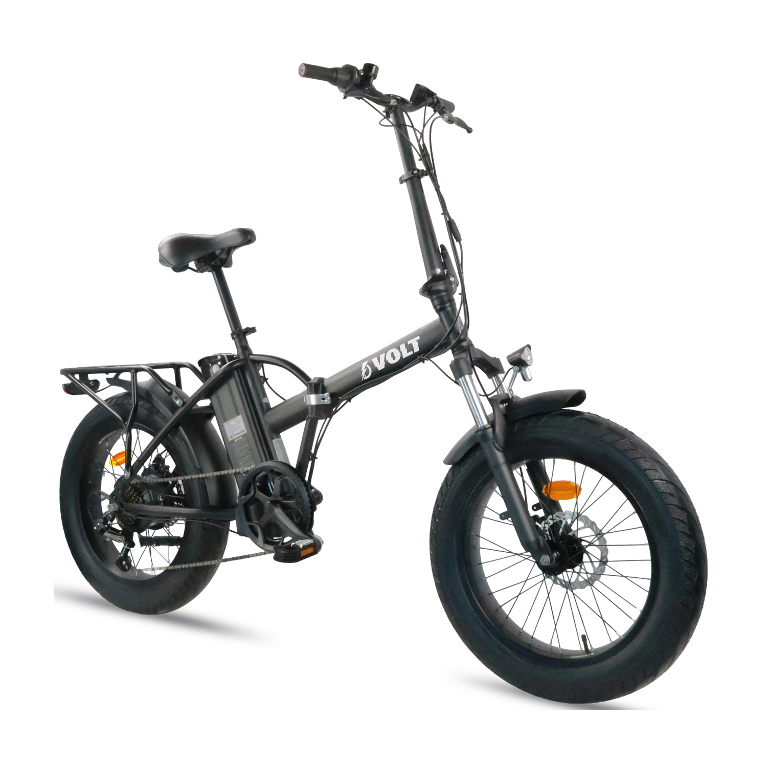 Bici elettrica pieghevole nera con pneumatici larghi, portapacchi e luci.
