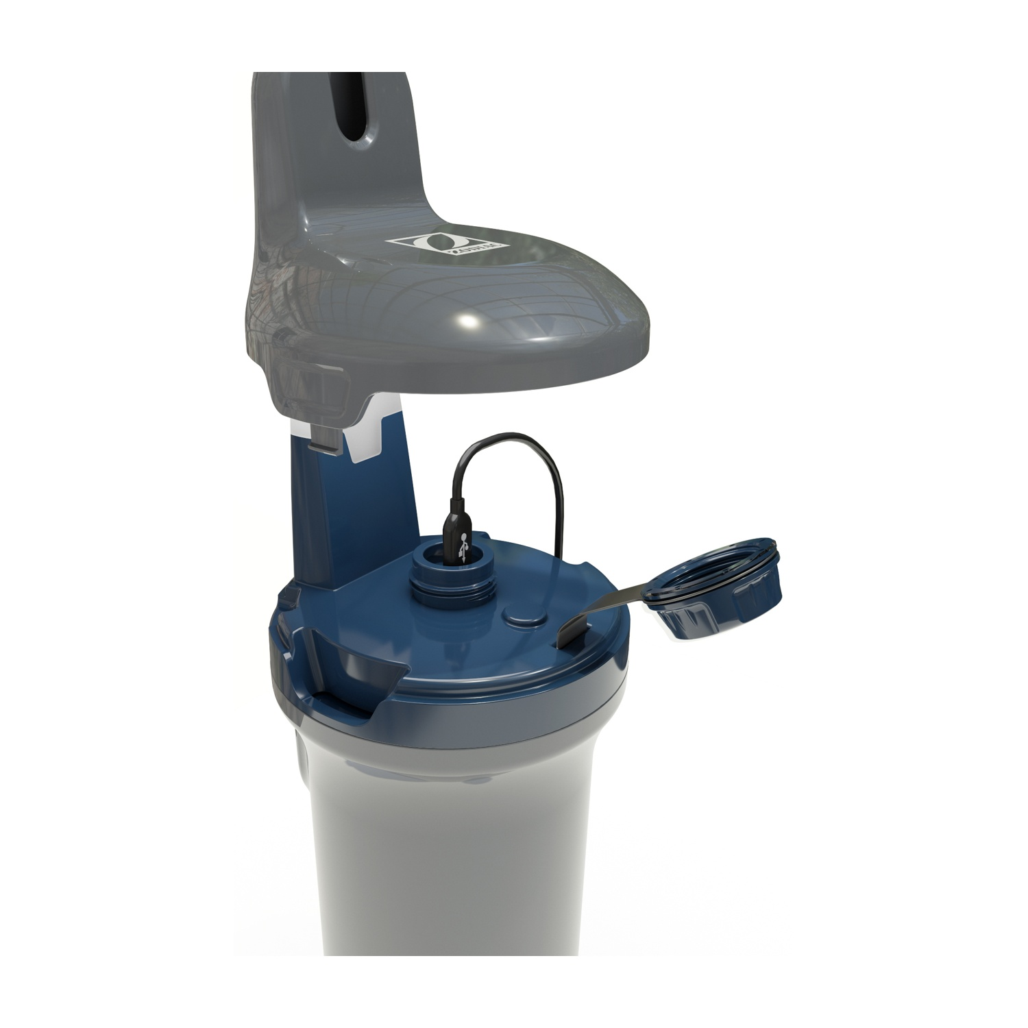 Dispositivo grigio e blu con coperchio aperto e cavo nero.