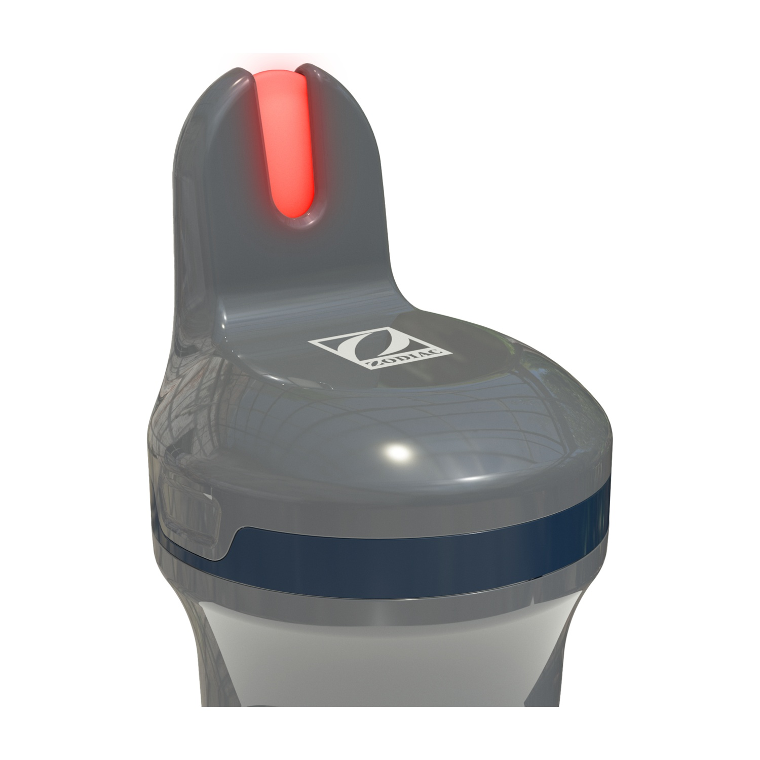 Dispositivo grigio con punta rossa illuminata e striscia blu.