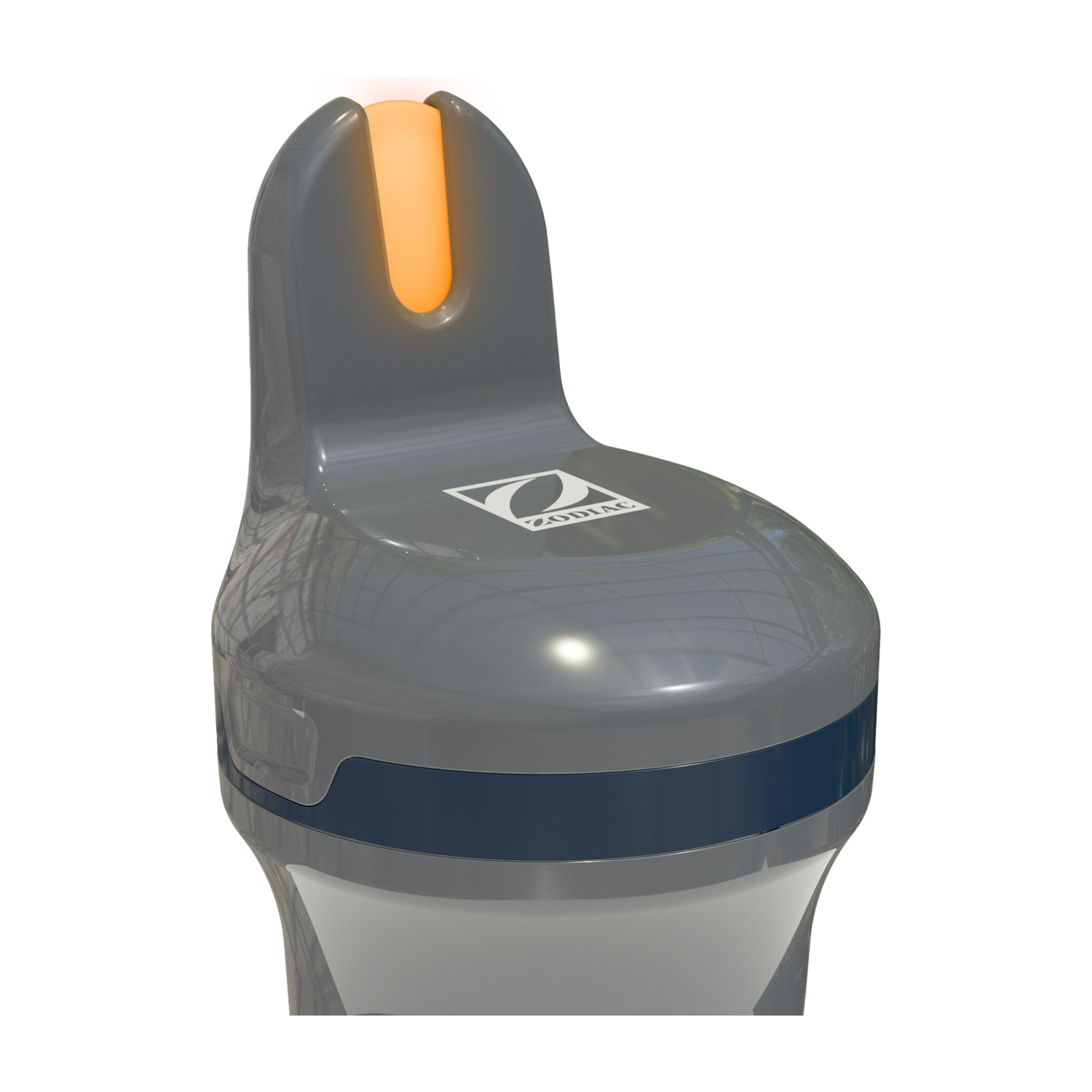 Dispositivo grigio con parte superiore arancione e fascia blu.