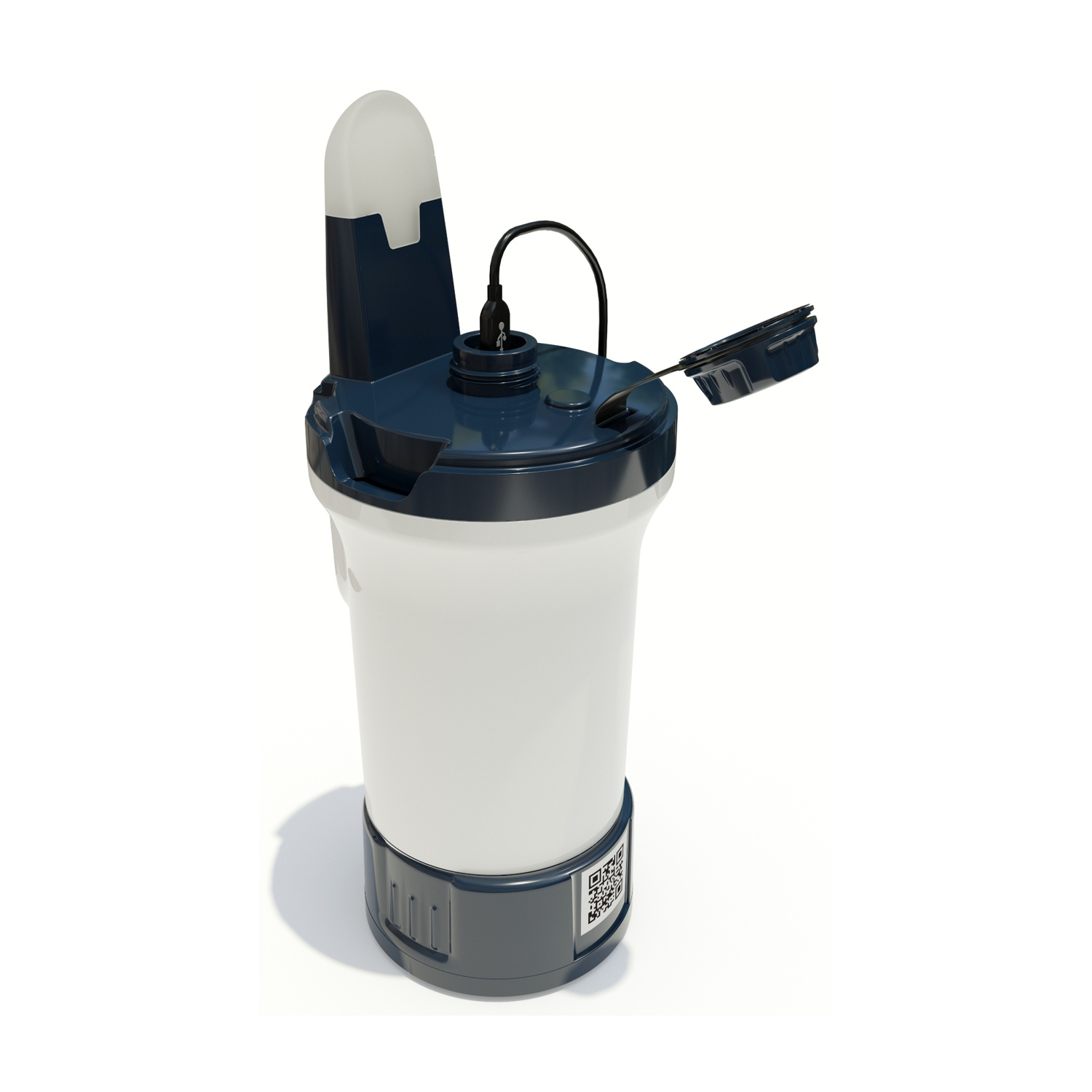 Bottiglia bianca con coperchio scuro e cavo USB, codice QR alla base.