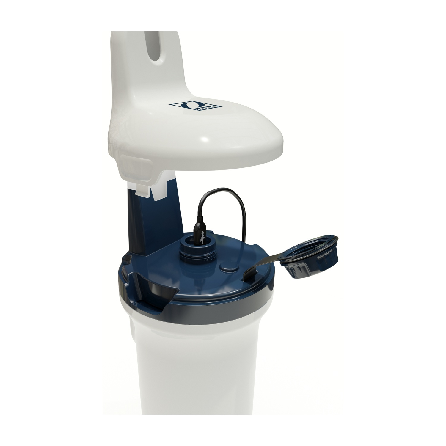 Un contenitore bianco e blu scuro con coperchio a ribalta e tubo.