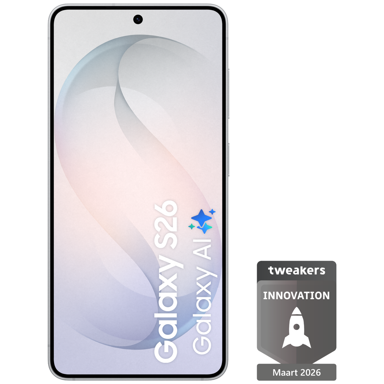 A smartphone displays "Galaxy S26 Galaxy AI" text with a "tweakers INNOVATION" badge.