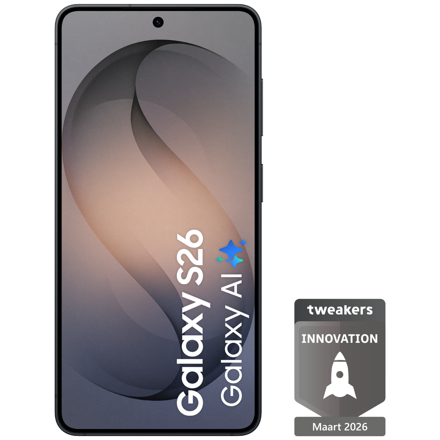 A smartphone displays Galaxy S26 and Galaxy AI text. A badge with a rocket is to the right.