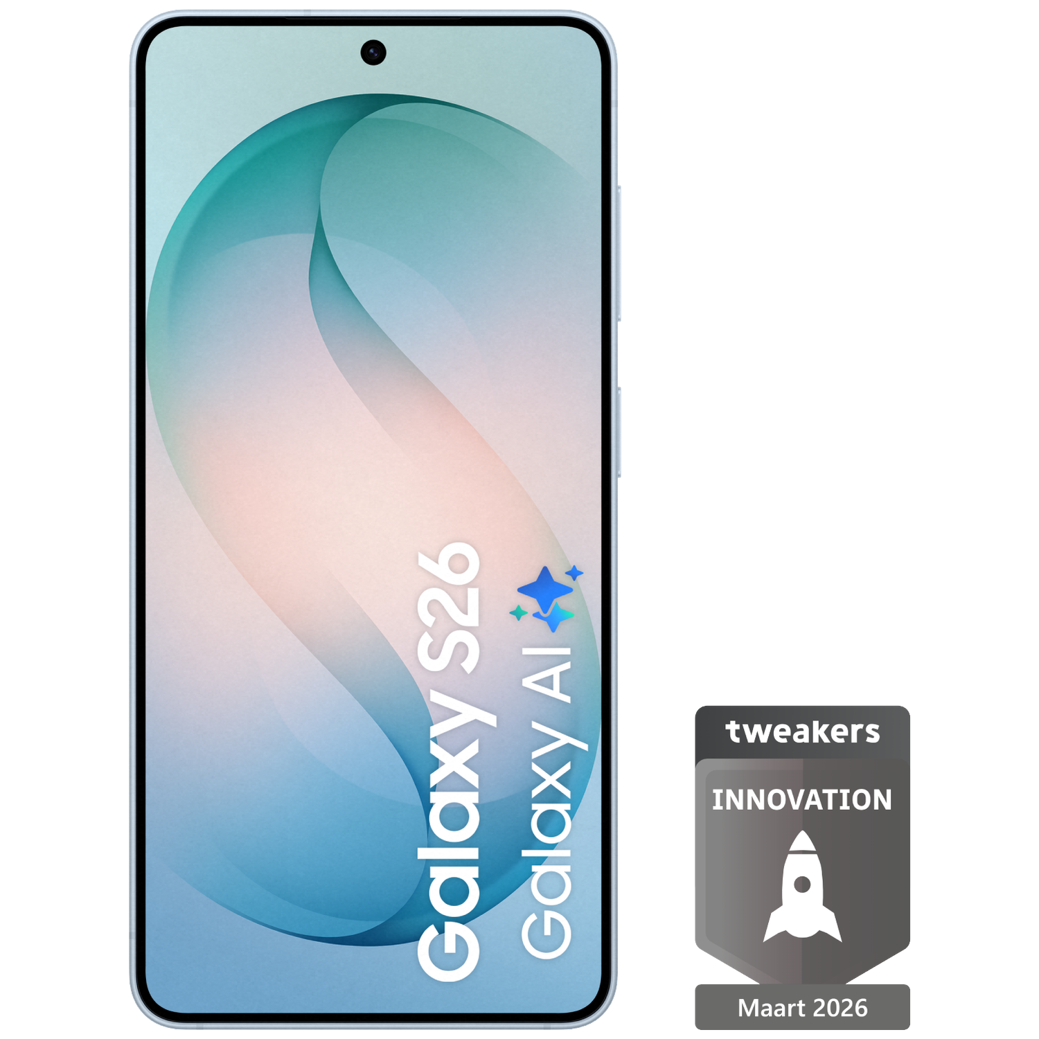 A smartphone displaying "Galaxy S26 Galaxy AI" text and stars.