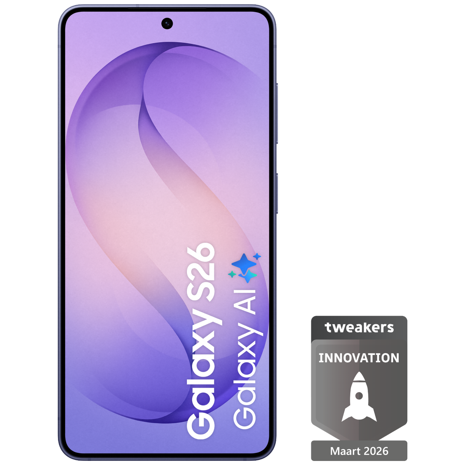 A Samsung Galaxy S26 with AI logo and Tweakers Innovation seal.