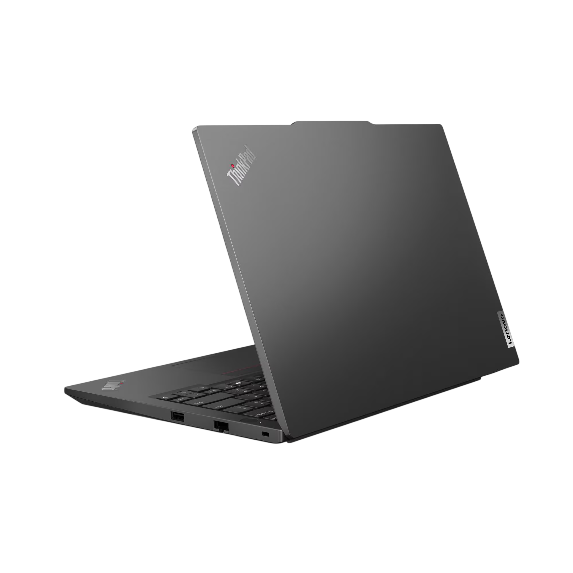 ThinkPad logolu gri dizüstü bilgisayar, siyah zeminde açık.