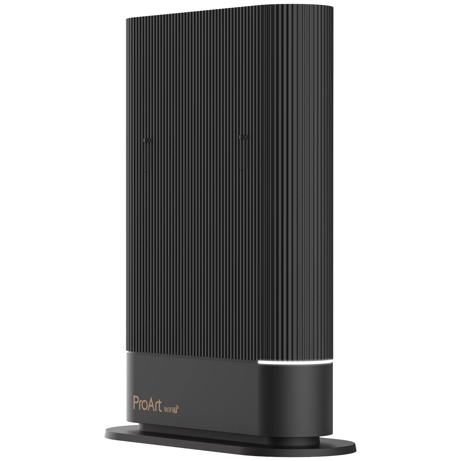Black router with vertical grooves and a lit ring at the base.