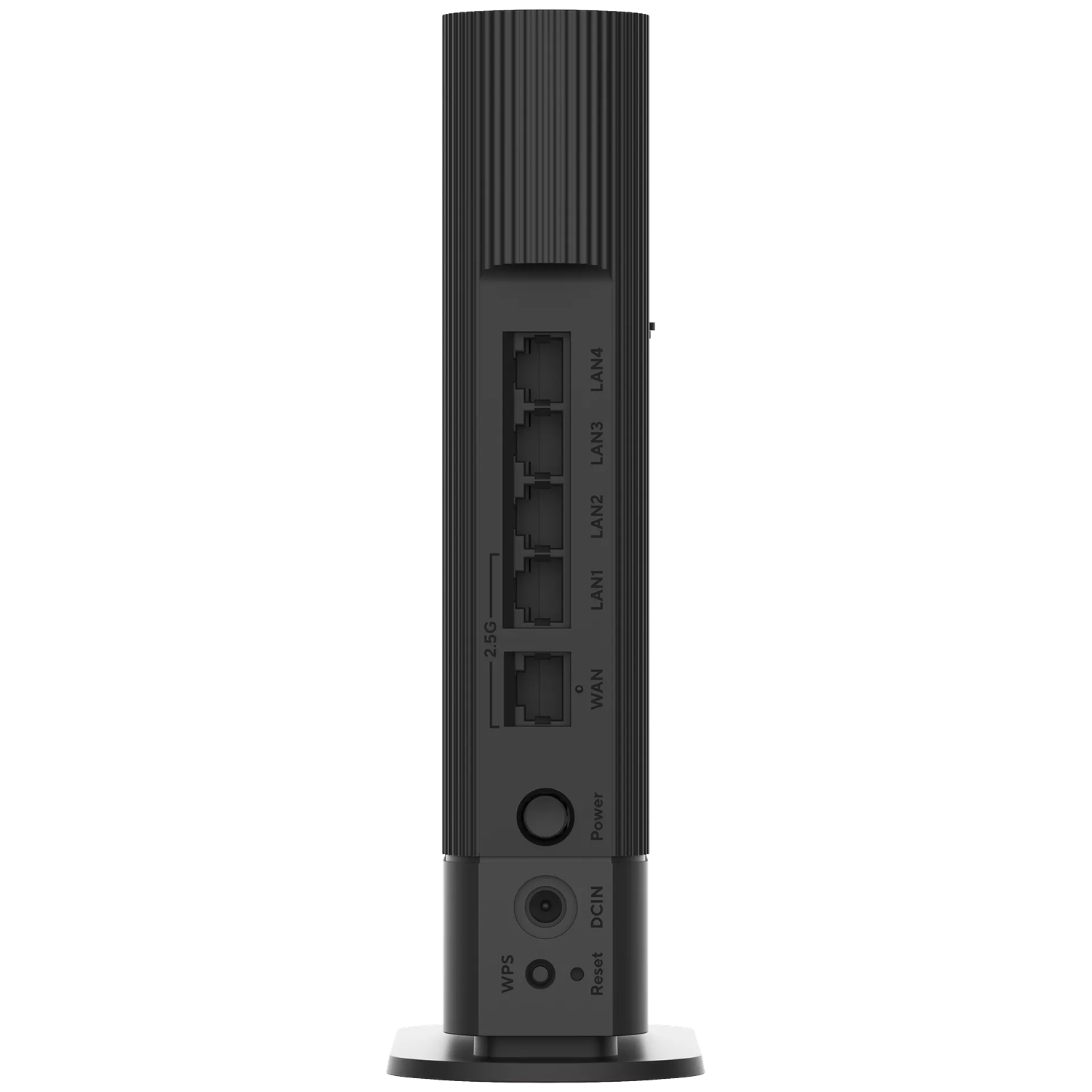 Black router with 4 LAN ports, 1 WAN port, and power connections.