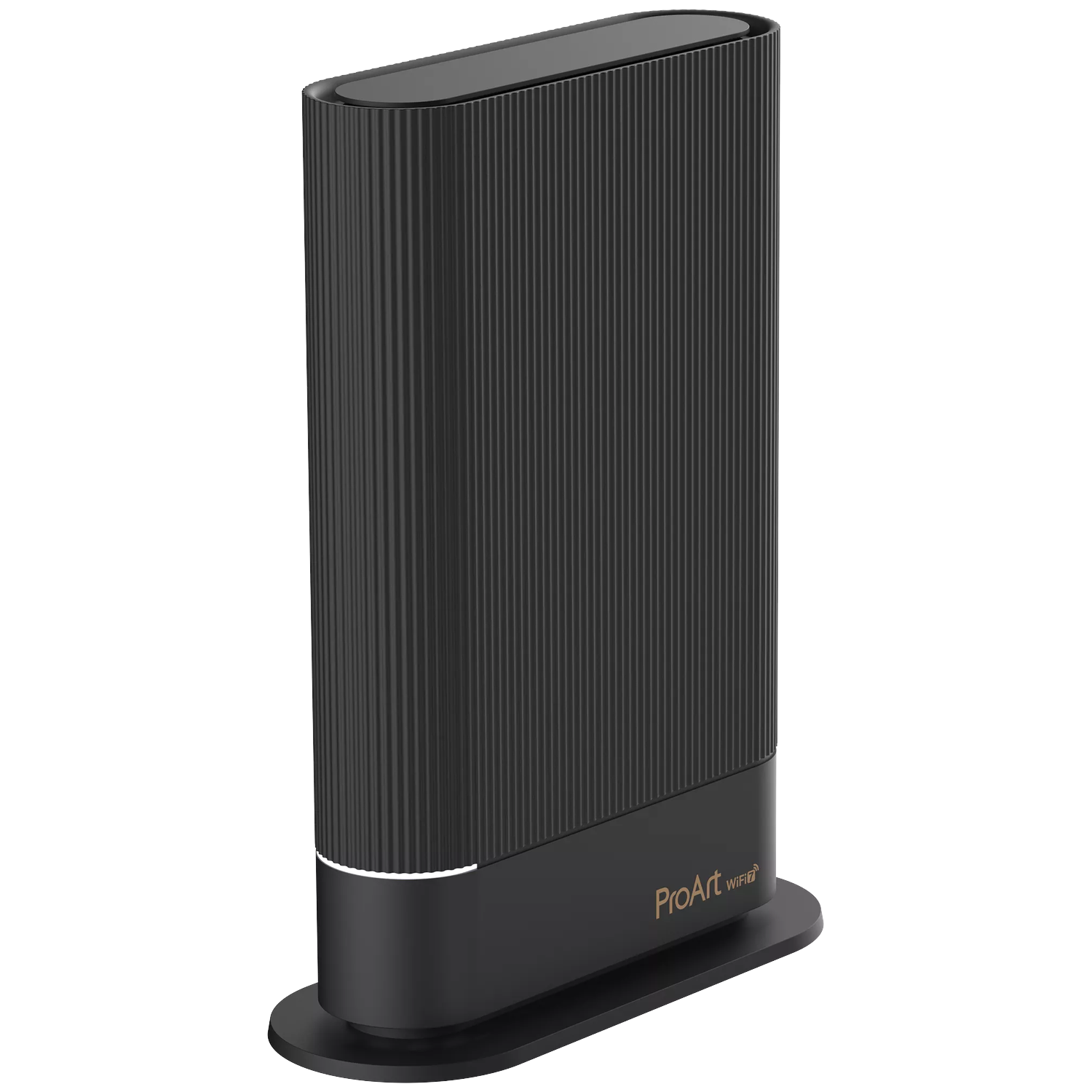 A sleek, black ProArt WiFi device with vertical ridges and a light strip.