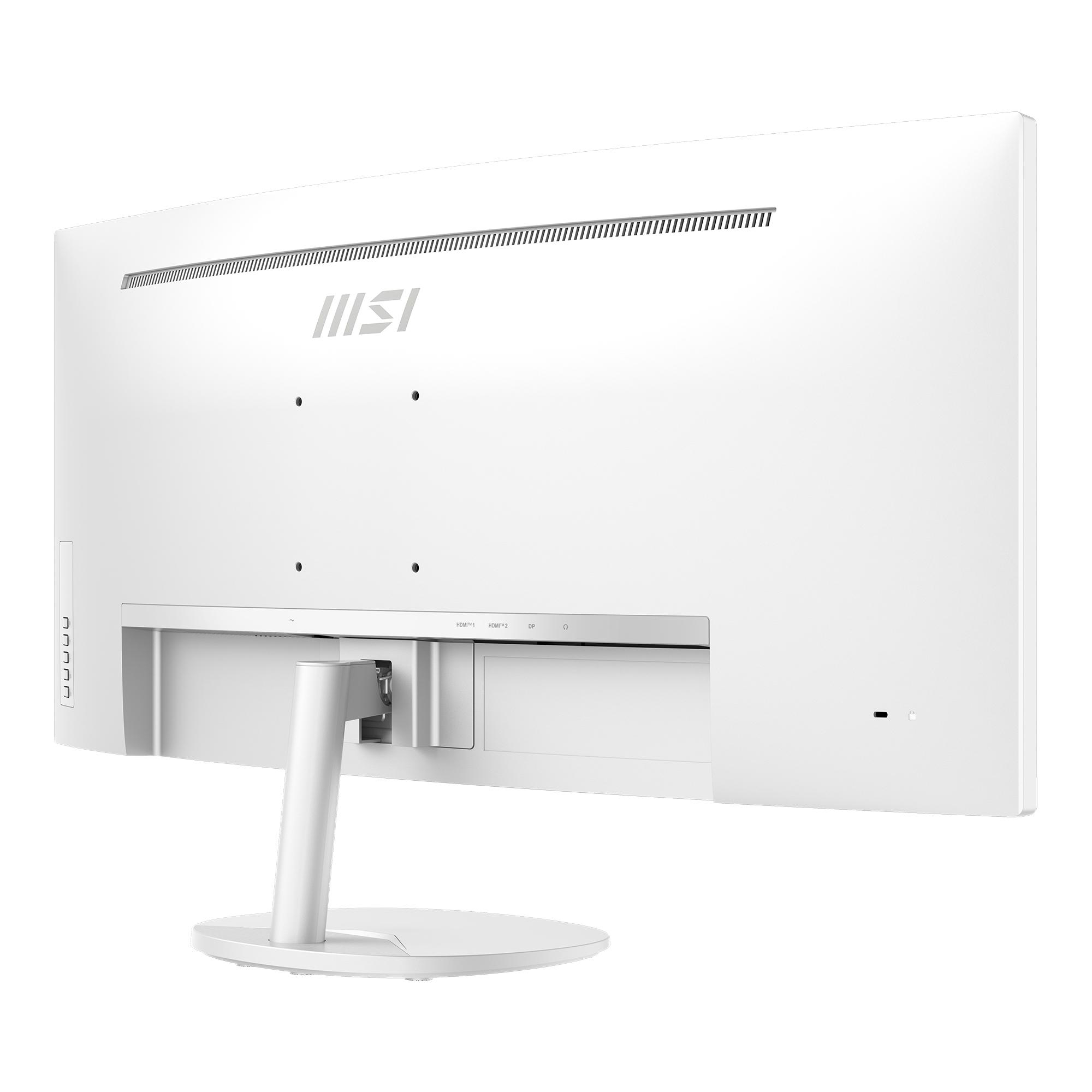 Rückseite eines weißen Monitors mit Anschlüssen und MSI-Logo.