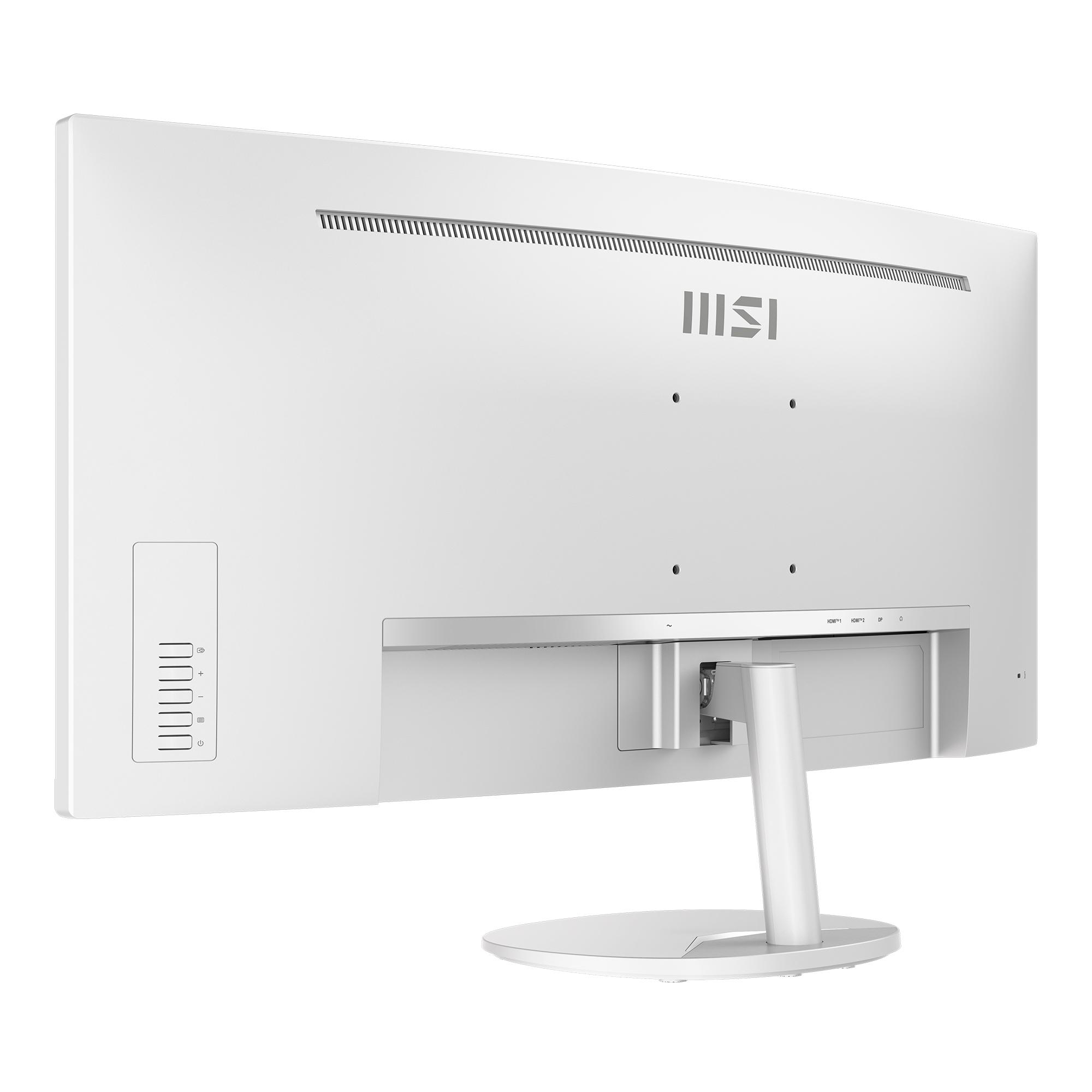 Rückseite eines weißen Monitors mit MSI-Logo, Lüftungsschlitzen und Anschlüssen.