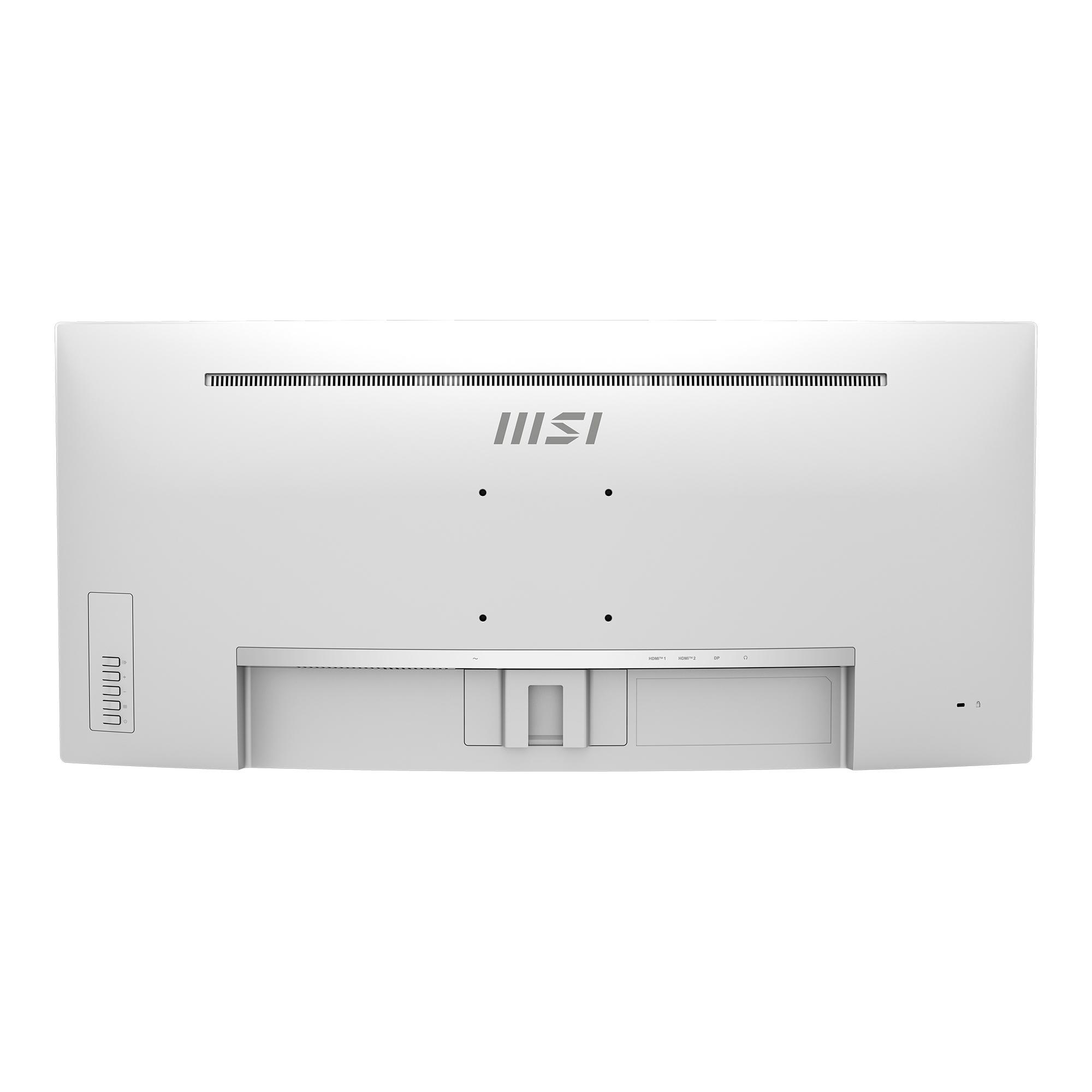 Rückseite eines weißen MSI-Monitors mit Anschlüssen und Lüftungsschlitzen.