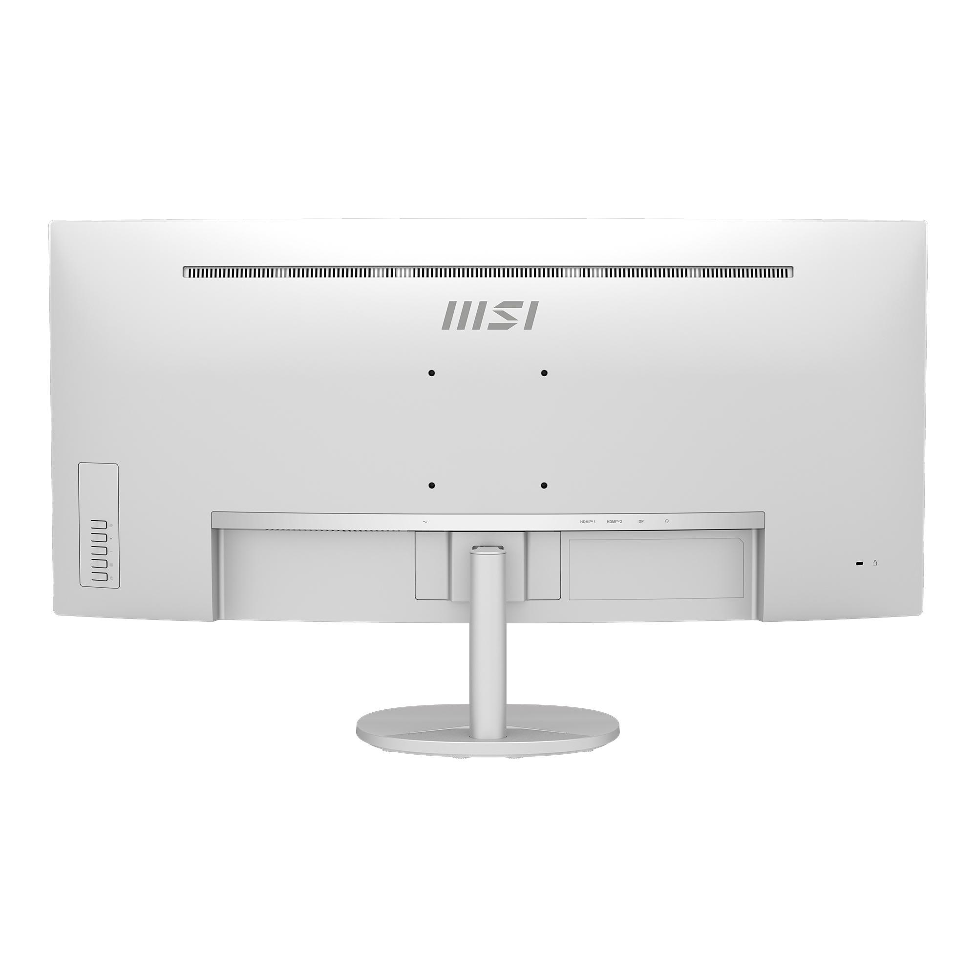 Die Rückseite eines weißen Monitors mit Anschlüssen und MSI-Logo.