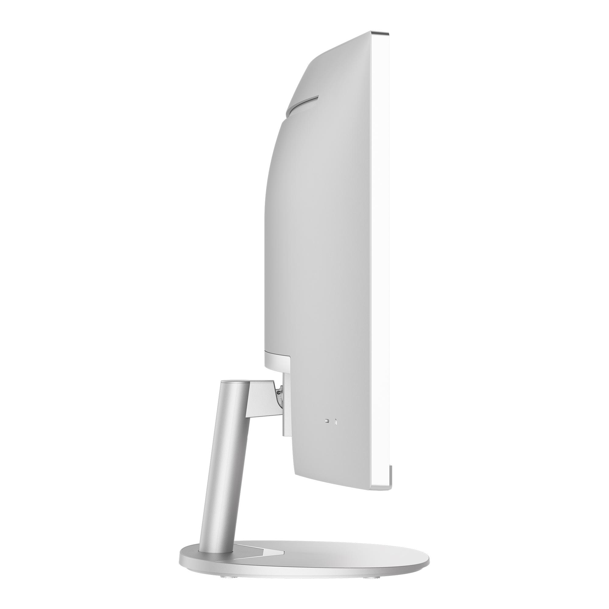 Ein weißer Computermonitor mit silbernem Standfuß, von der Seite gesehen.