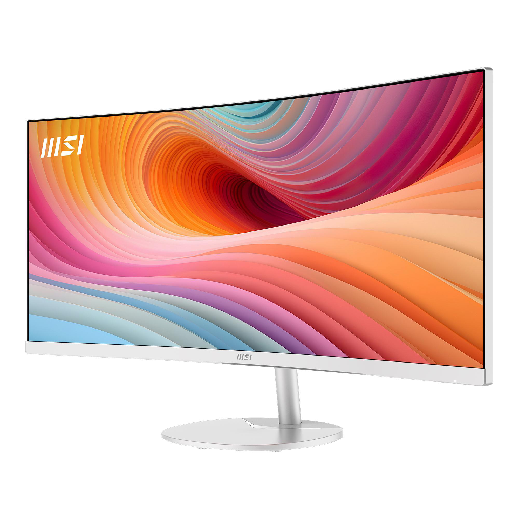 Ein weißer MSI-Curved-Monitor zeigt einen farbenfrohen abstrakten Hintergrund.