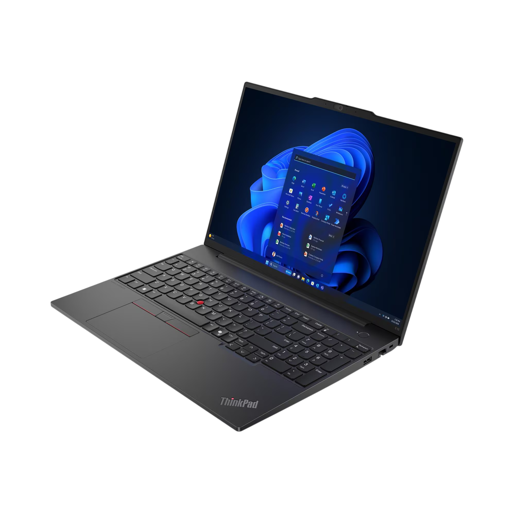 Windows 11 gösteren aydınlatılmış ekranlı koyu renkli bir ThinkPad dizüstü bilgisayar.