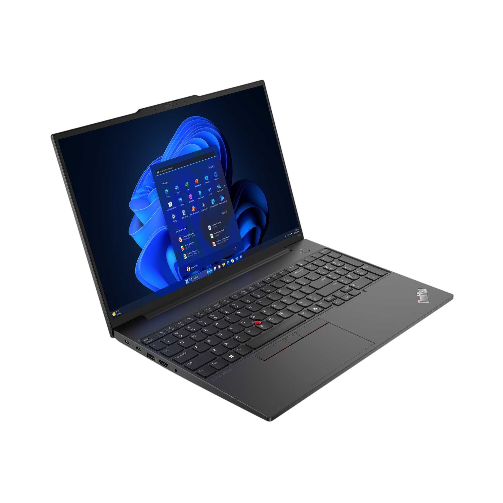 Windows 11 başlangıç menüsünü gösteren açık ekranlı koyu renkli bir dizüstü bilgisayar.