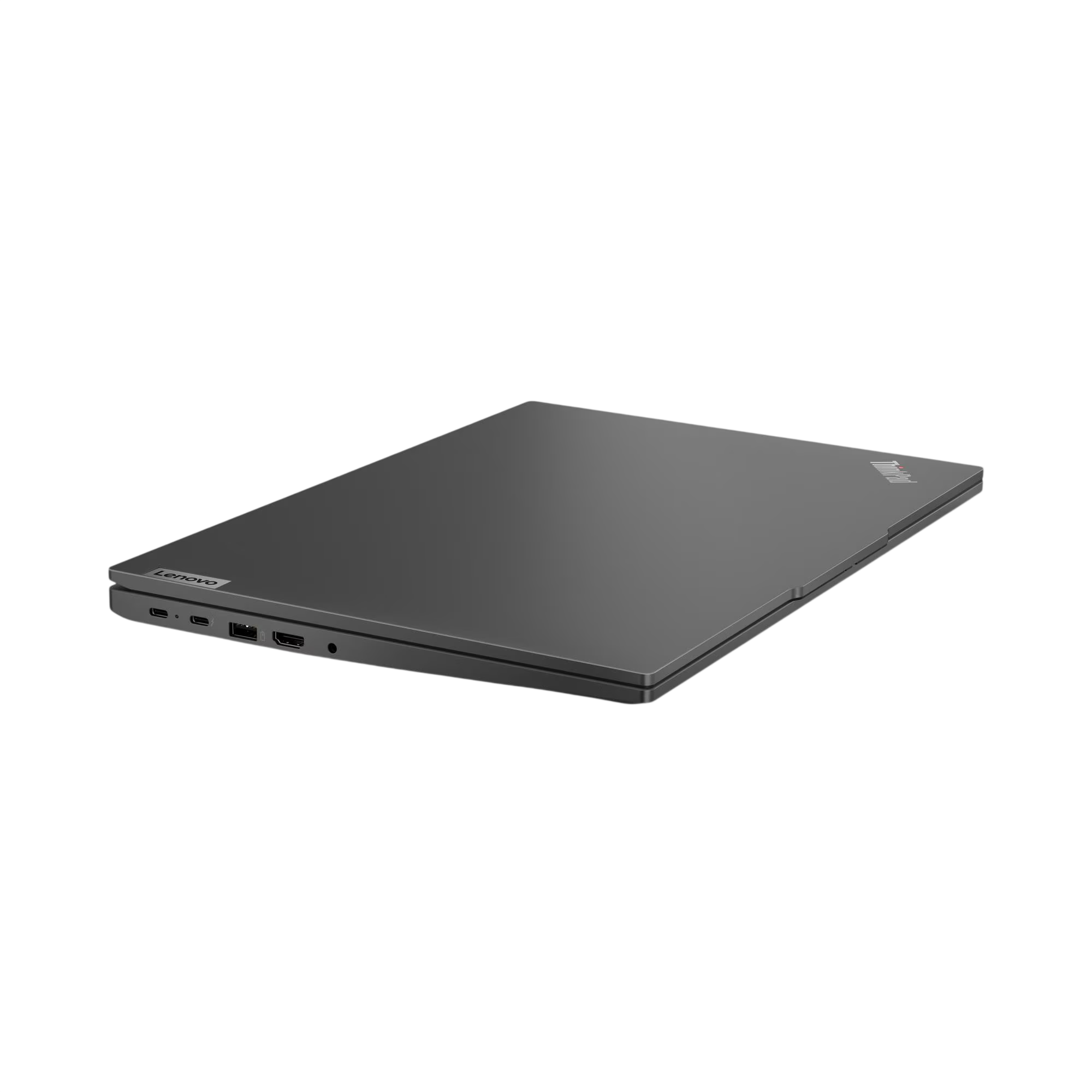 Yanında Lenovo logosu ve bağlantı noktaları bulunan kapalı, koyu renkli bir dizüstü bilgisayar.