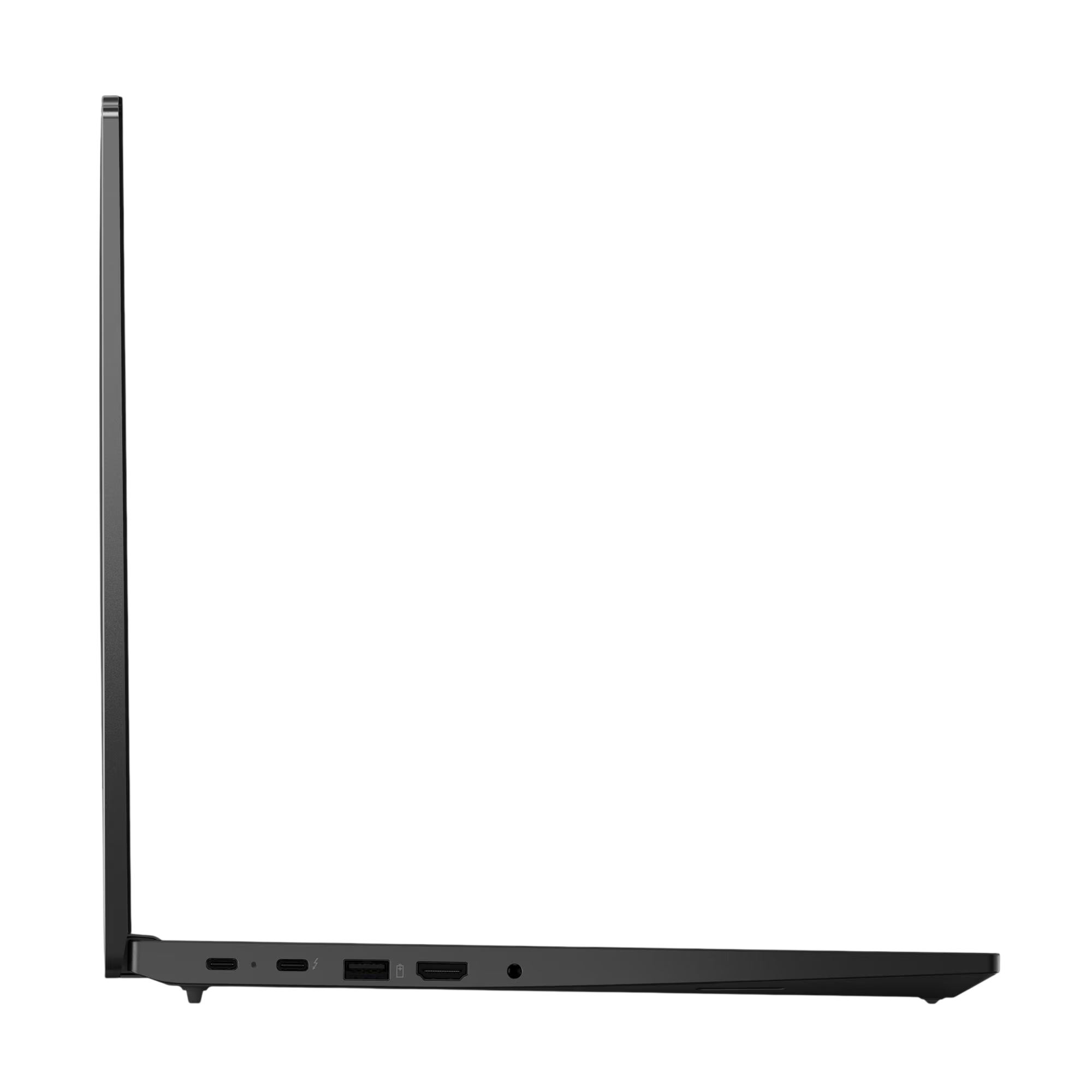Siyah laptopun yan görünümü, bağlantı noktaları: USB-C, HDMI, ses.