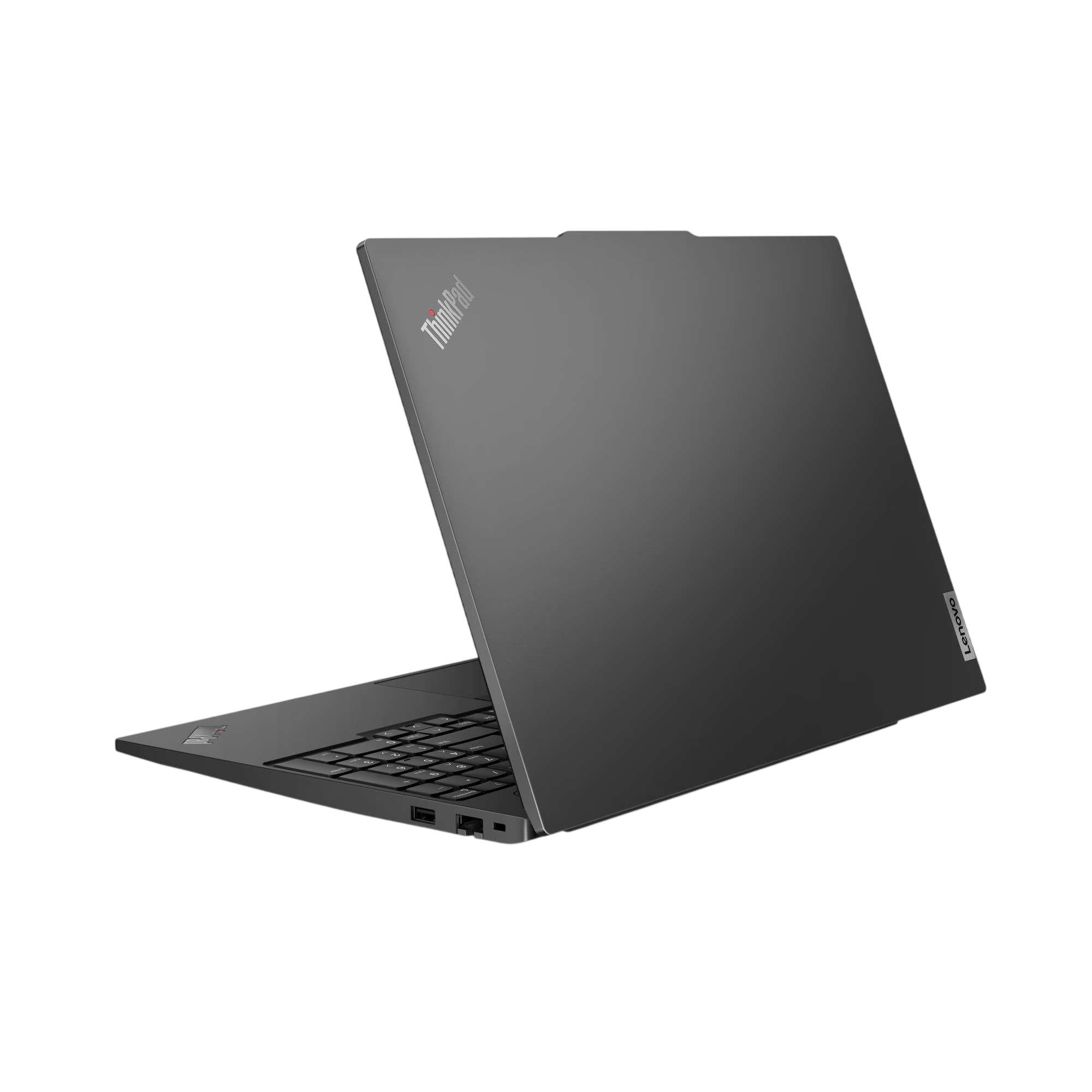 Gri Lenovo ThinkPad dizüstü bilgisayar, klavyesi ve bağlantı noktalarıyla yandan görünüyor.