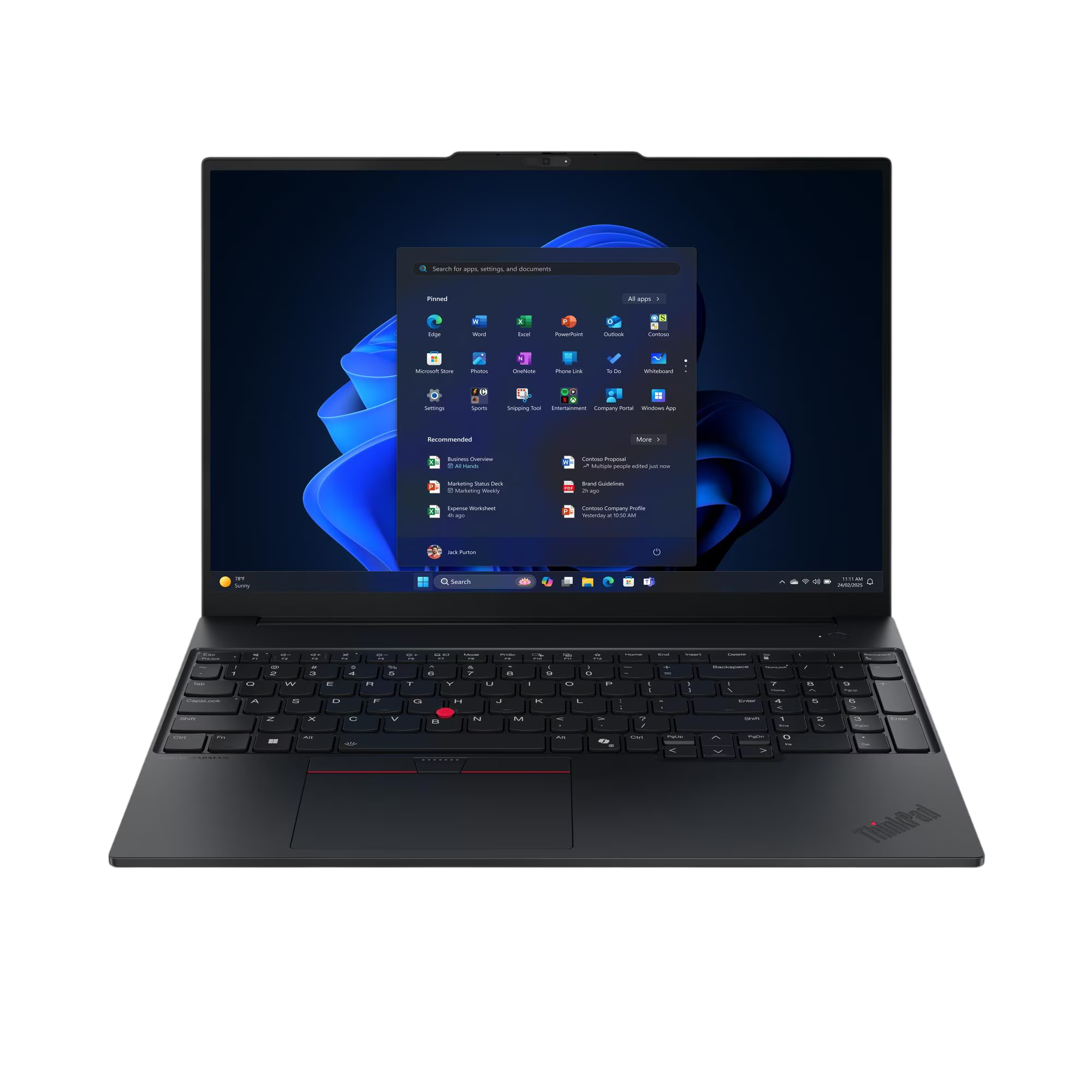 Ekranında Windows 11 Başlat menüsünü gösteren açık siyah bir dizüstü bilgisayar.