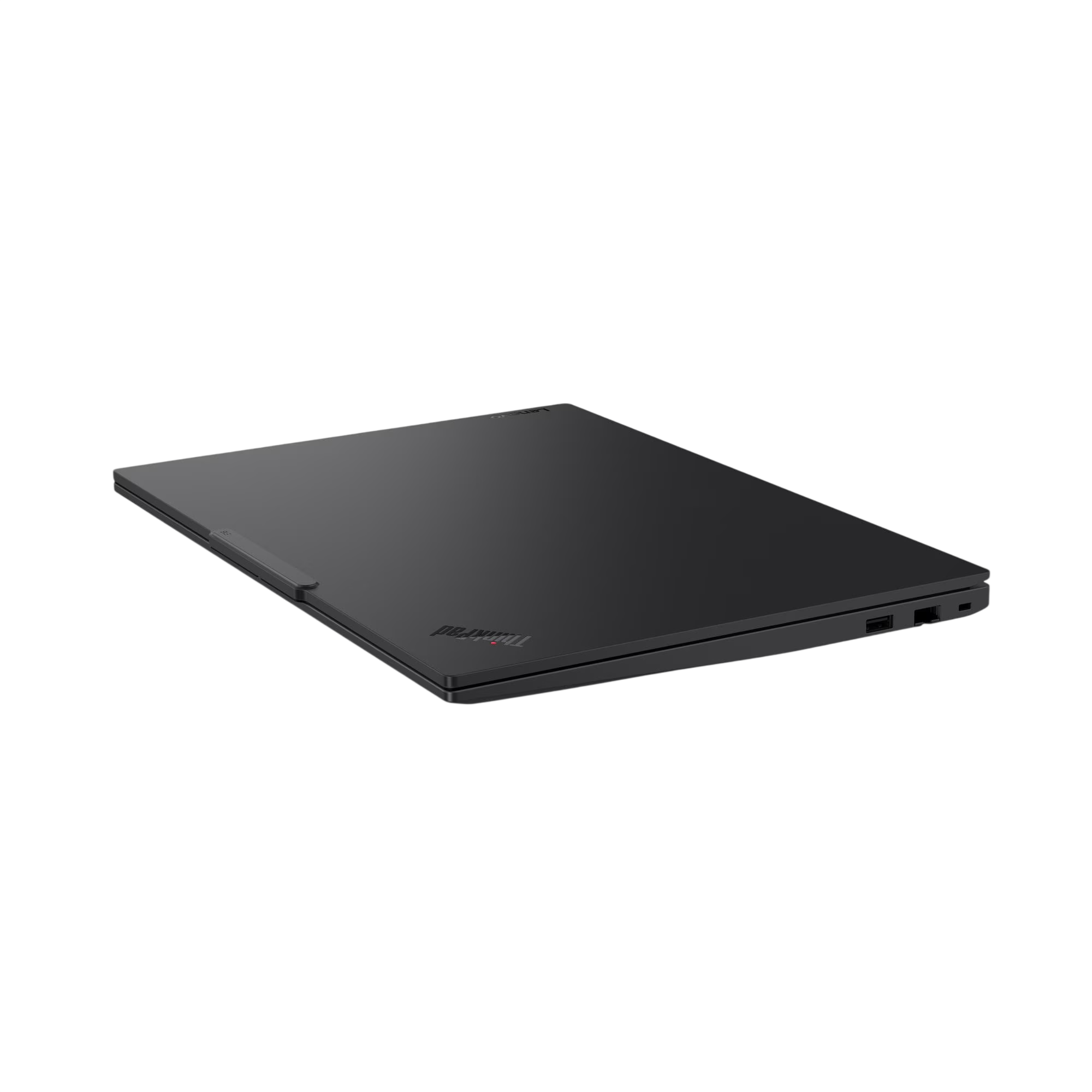 Kapalı siyah ThinkPad dizüstü bilgisayar, kapağında Lenovo logosu bulunur.