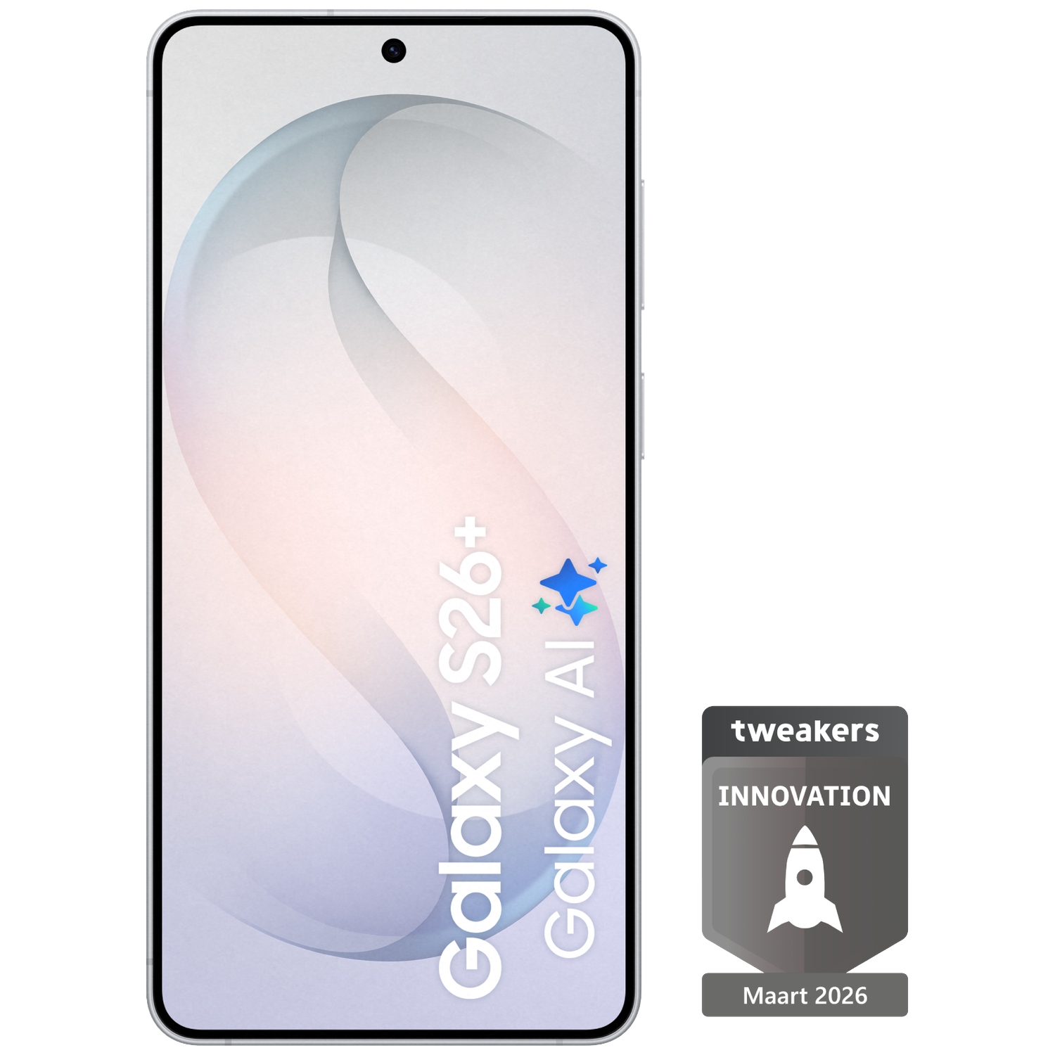 A Samsung Galaxy S26+ with AI logo and a Tweakers Innovation seal.