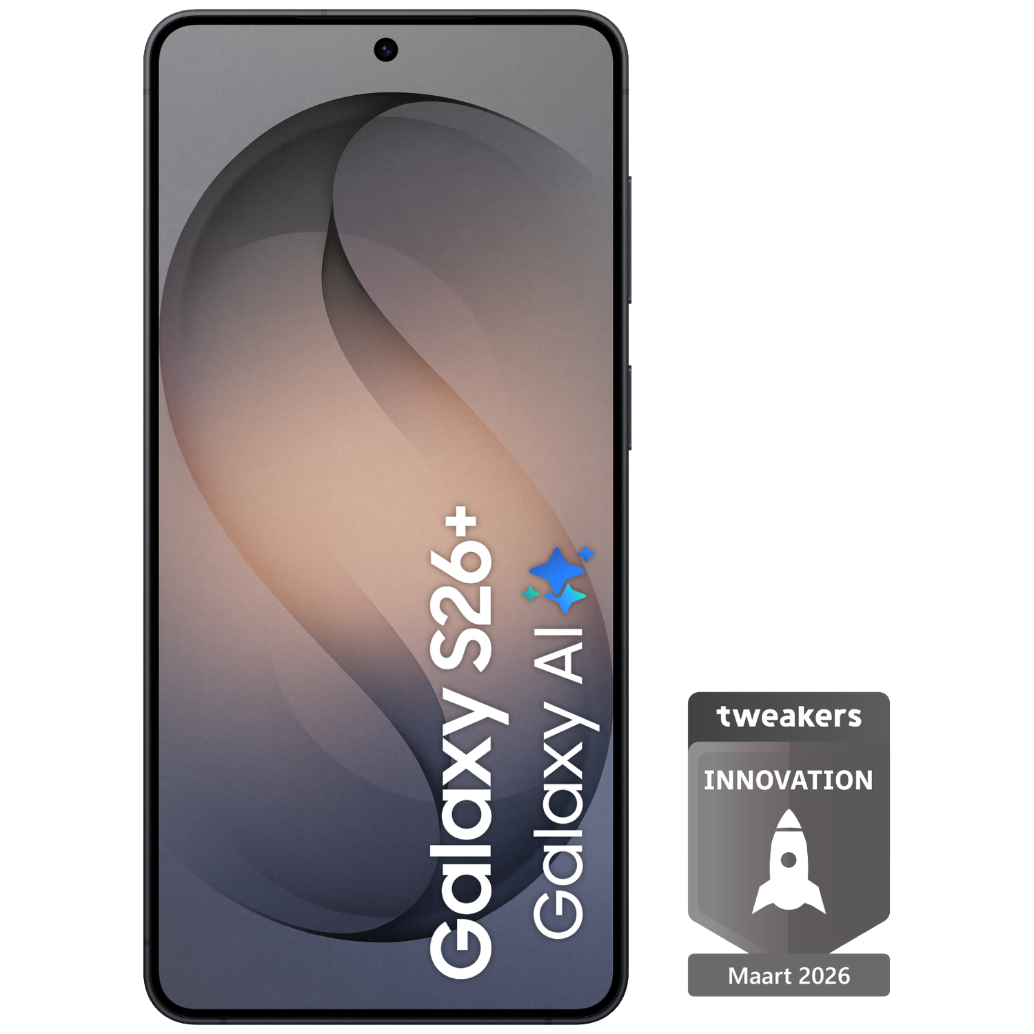A smartphone displaying "Galaxy S26+ Galaxy AI" and an innovation badge.