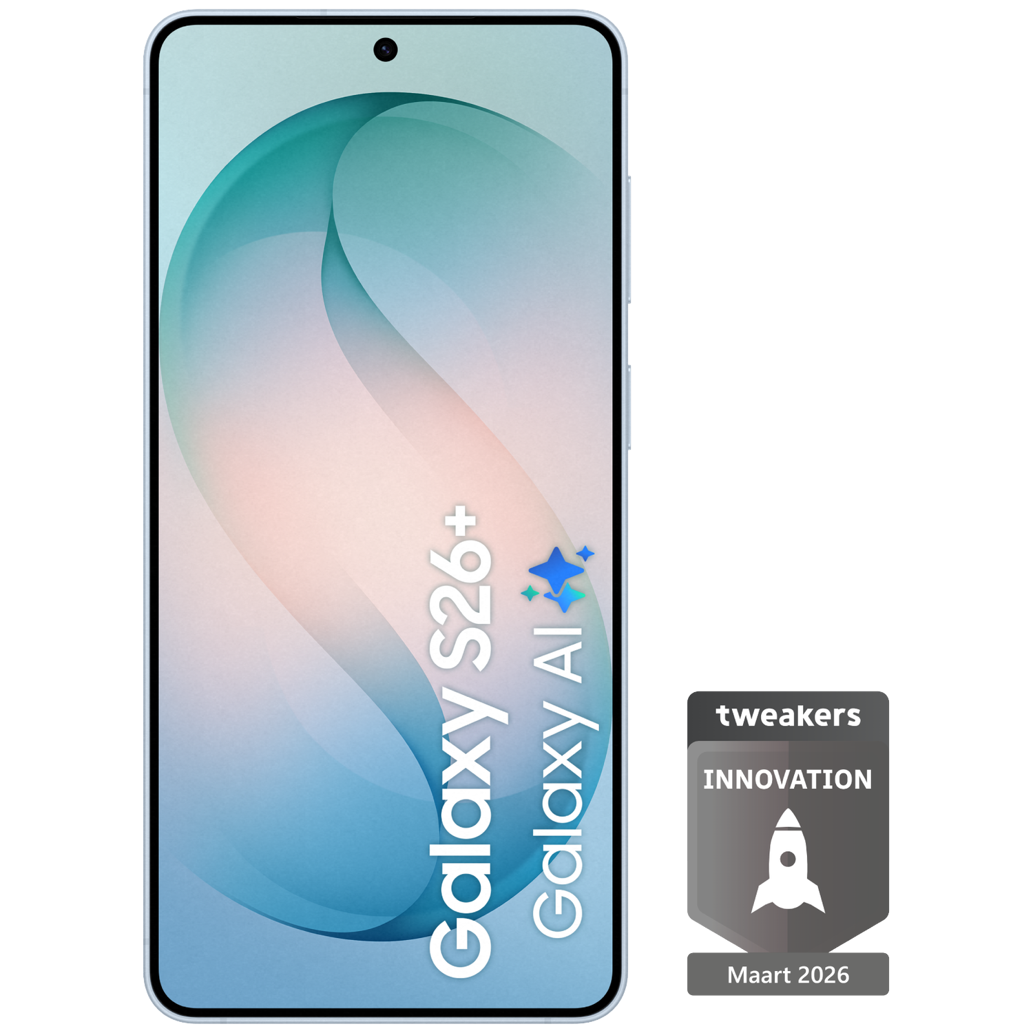 Een lichtblauwe smartphone met "Galaxy S26+ Galaxy AI" en een innovatiebadge.