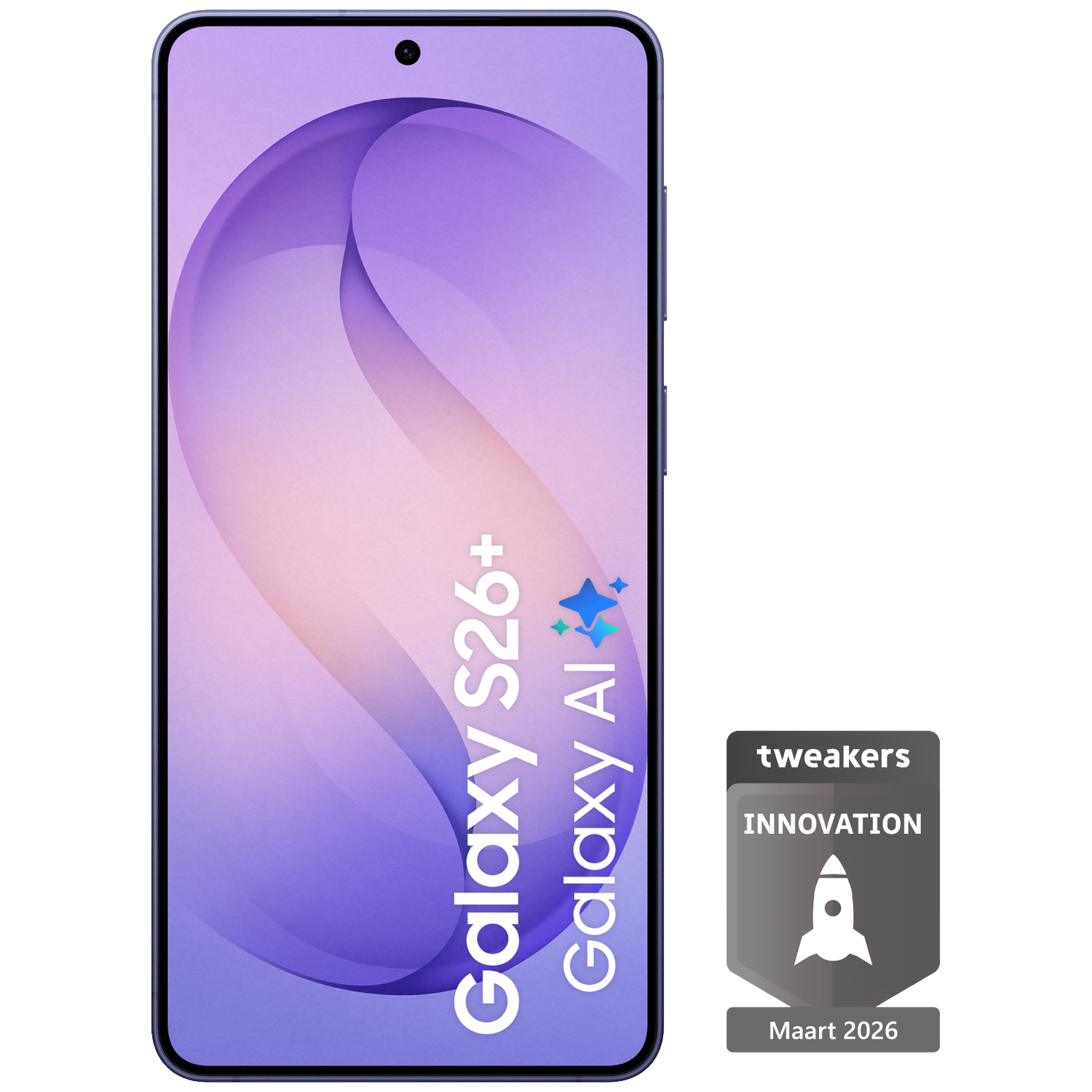 A Galaxy S26+ with Galaxy AI logo and a Tweakers Innovation seal.