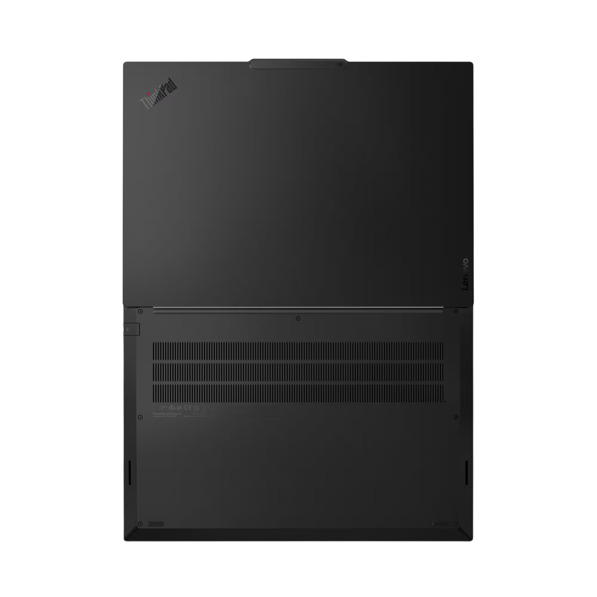 ThinkPad logosu ve alt kısımda havalandırma delikleri bulunan siyah dizüstü.