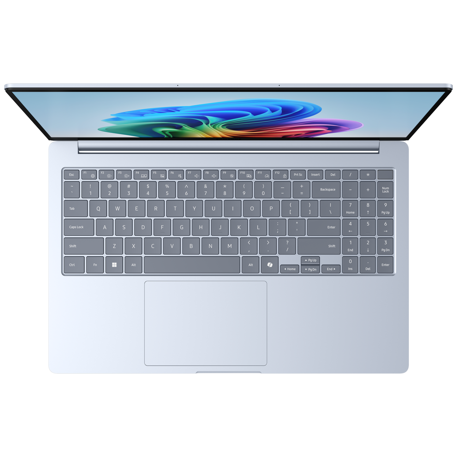 Een lichtblauwe laptop is open, met het scherm en toetsenbord zichtbaar.