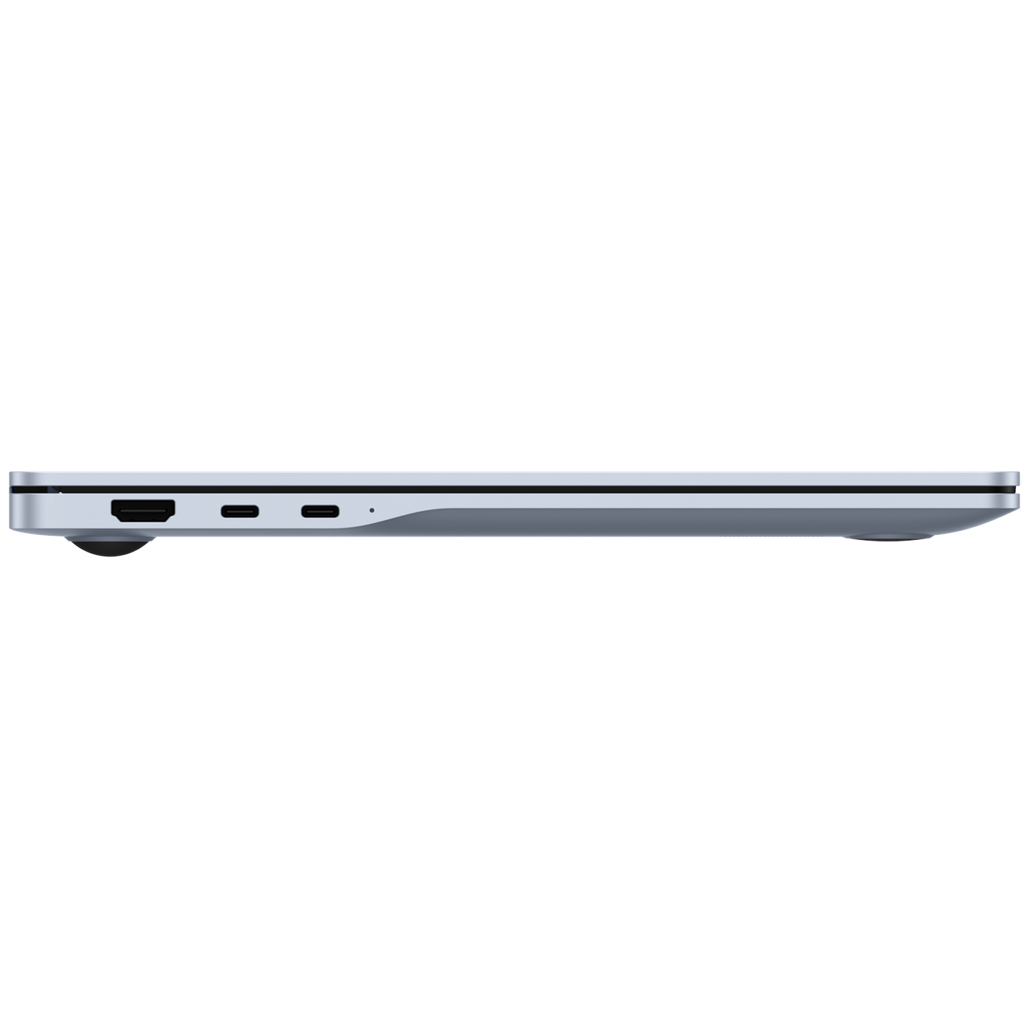 De linkerkant van een zilveren laptop, met HDMI- en USB-C-poorten.