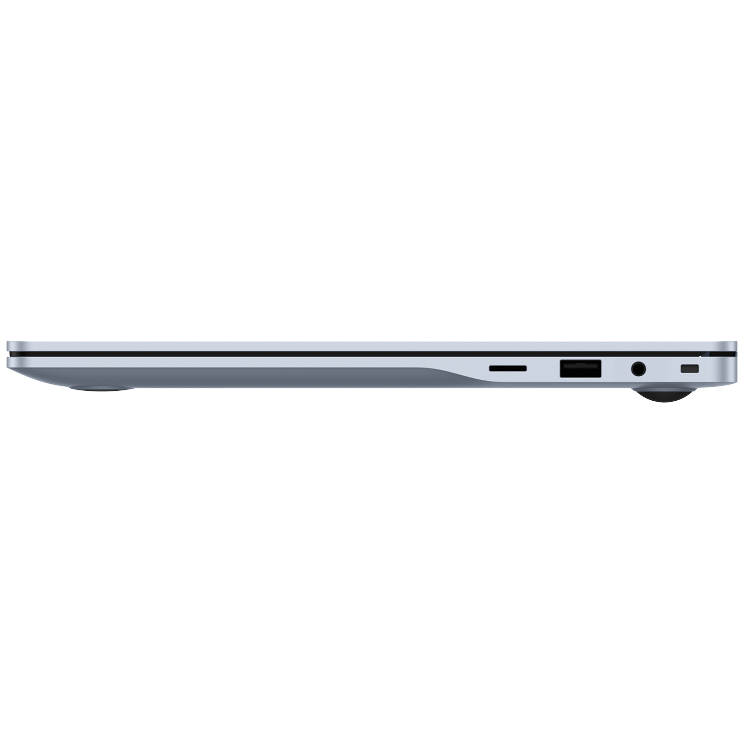 Zijaanzicht van een slanke, lichtgrijze laptop met USB- en hoofdtelefoonaansluitingen.