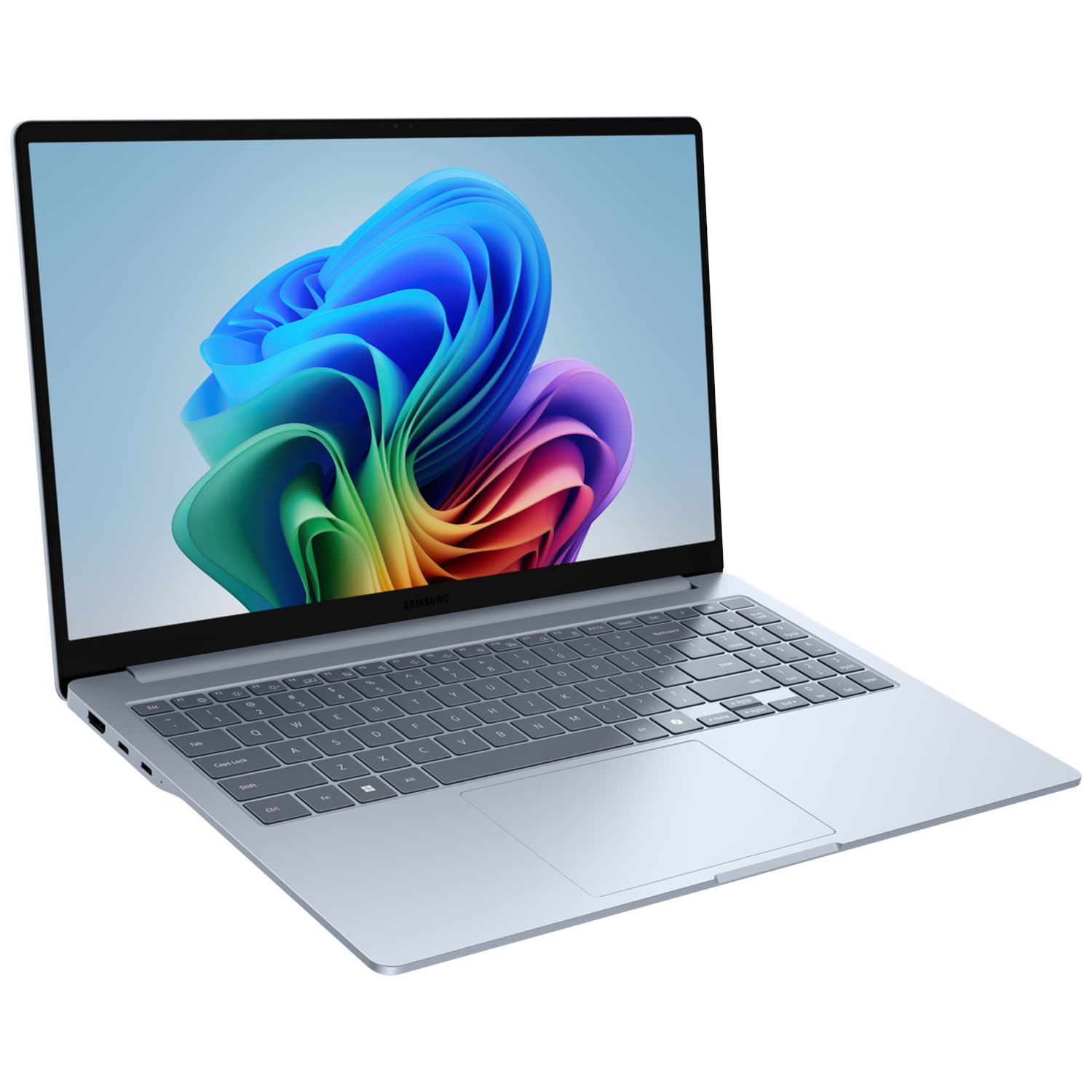 Een zilveren laptop met een kleurrijke, abstracte achtergrondafbeelding op het scherm.