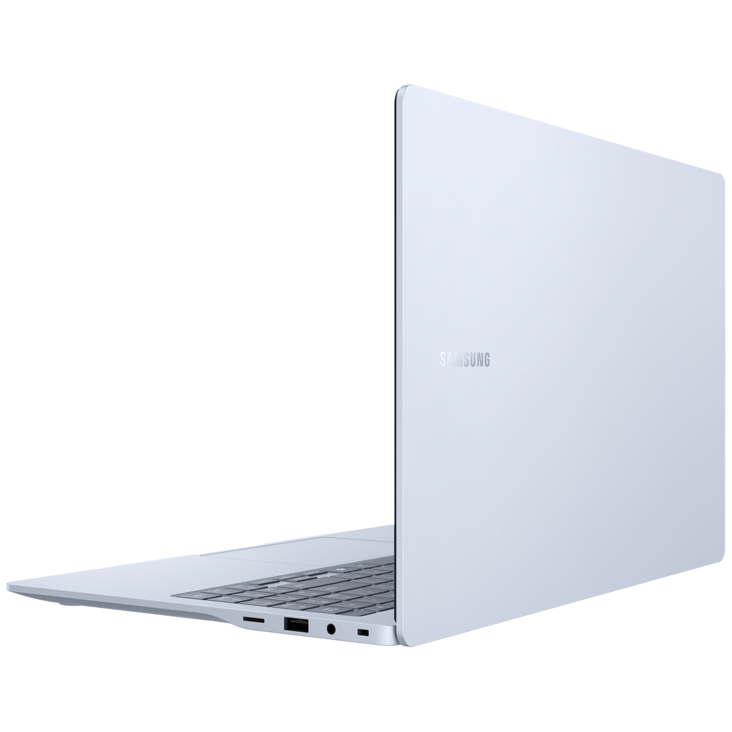 Een lichtblauwe Samsung laptop in profiel, met toetsenbord en poorten zichtbaar.