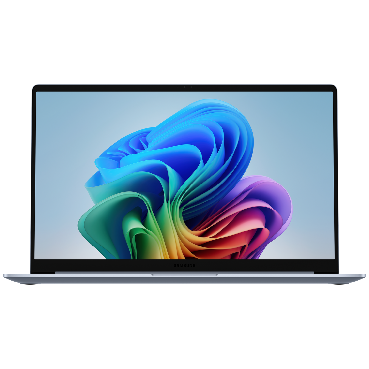 Een open laptop met een kleurrijke abstracte achtergrond op het scherm.